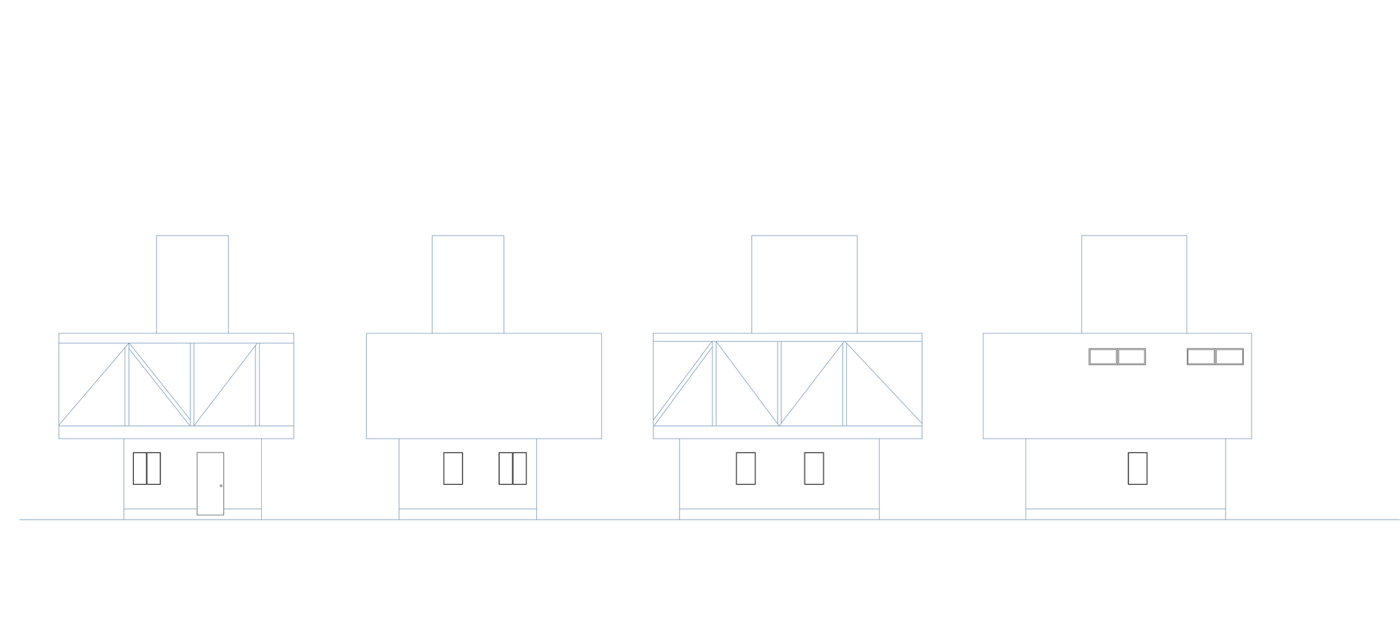 Elevation drawing showing four variations of the facade with different window and chimney configurations