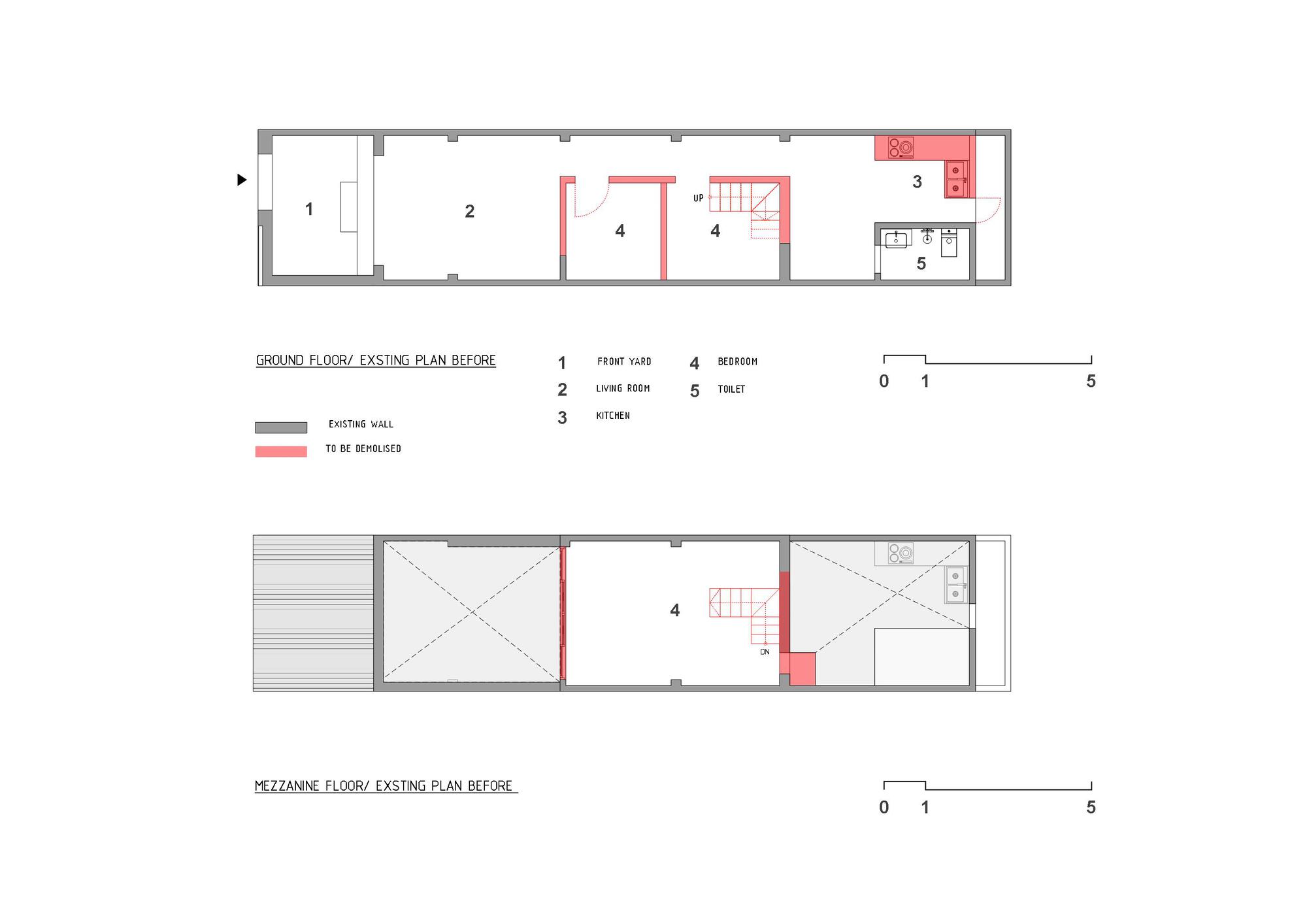 Floor plan drawing showing existing ground and mezzanine layouts with areas marked for demolition