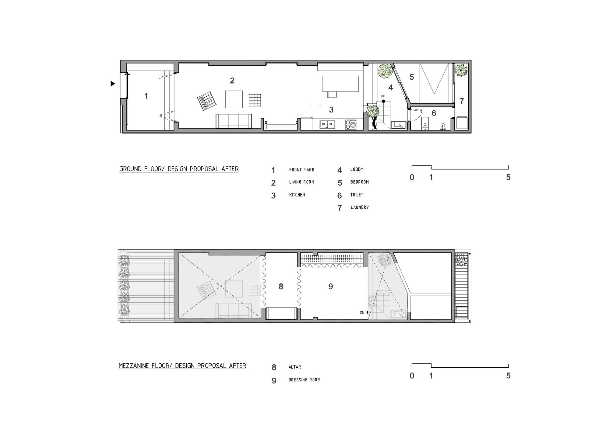 Floor plan drawing showing proposed ground and mezzanine layouts after renovation with labeled rooms