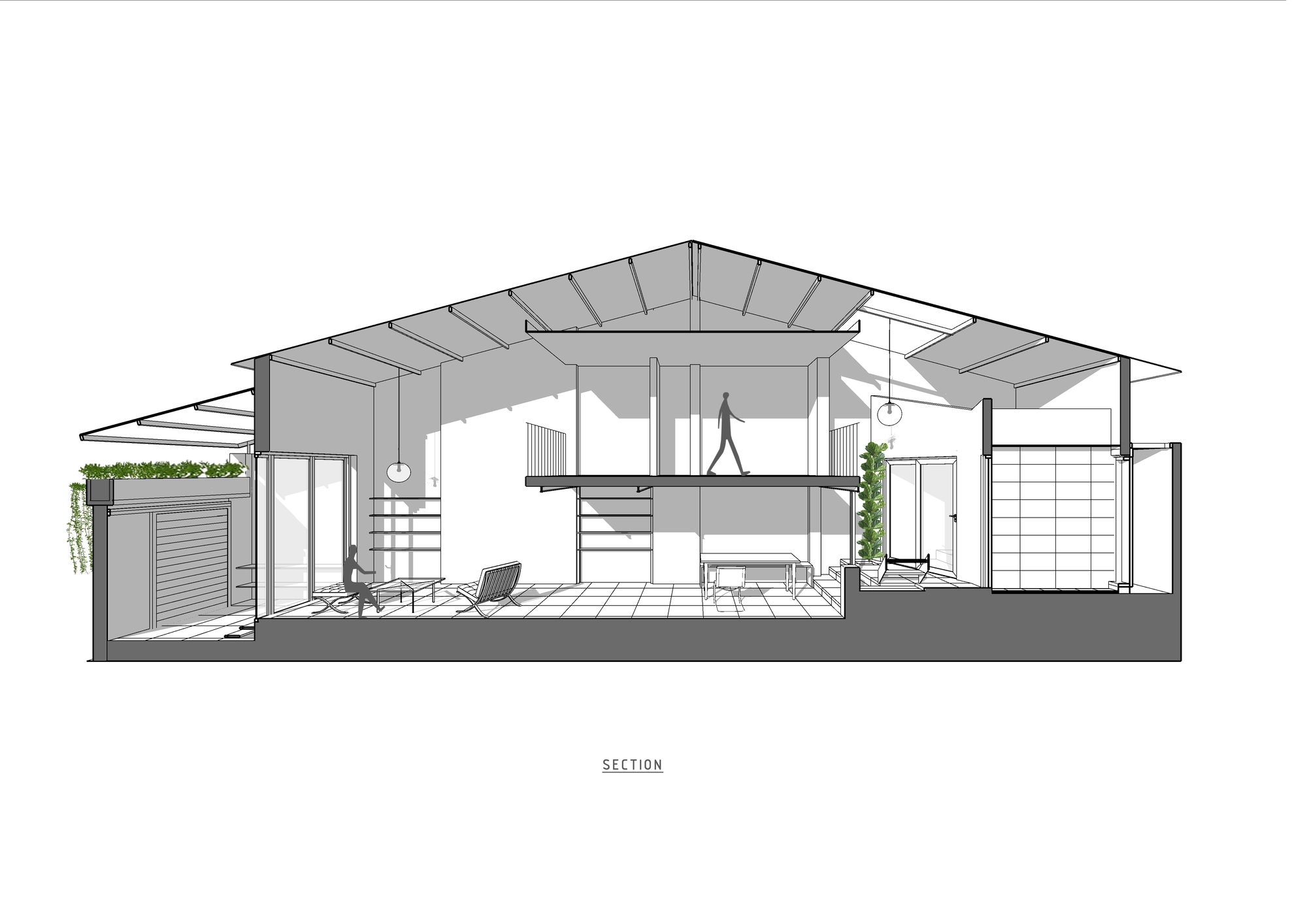 Section drawing showing interior volumes with mezzanine level and pitched roof structure above