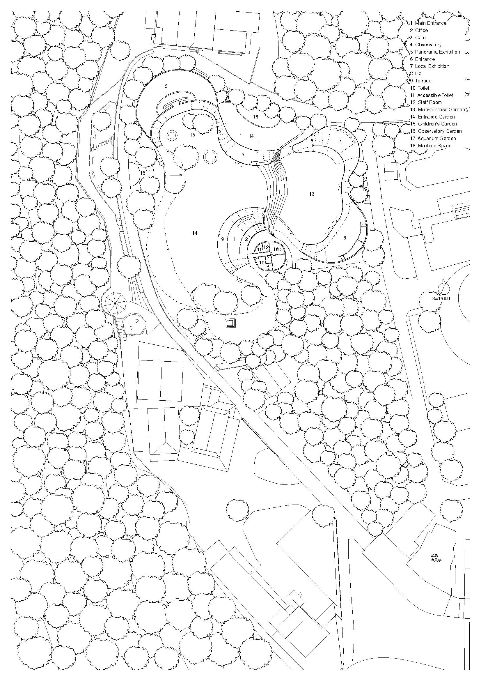 Site plan drawing showing organic pathways and lobed structures surrounded by dense tree coverage
