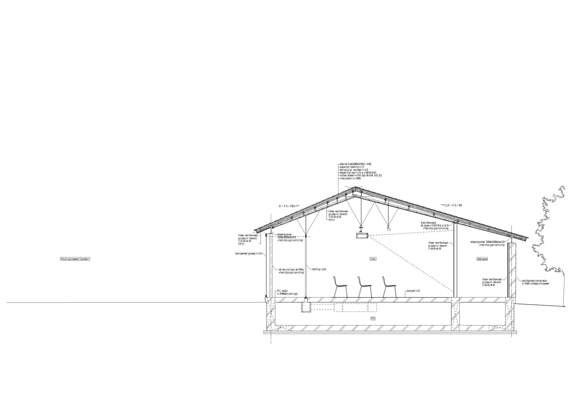Section drawing showing gabled roof structure with exposed timber trusses and interior seating area