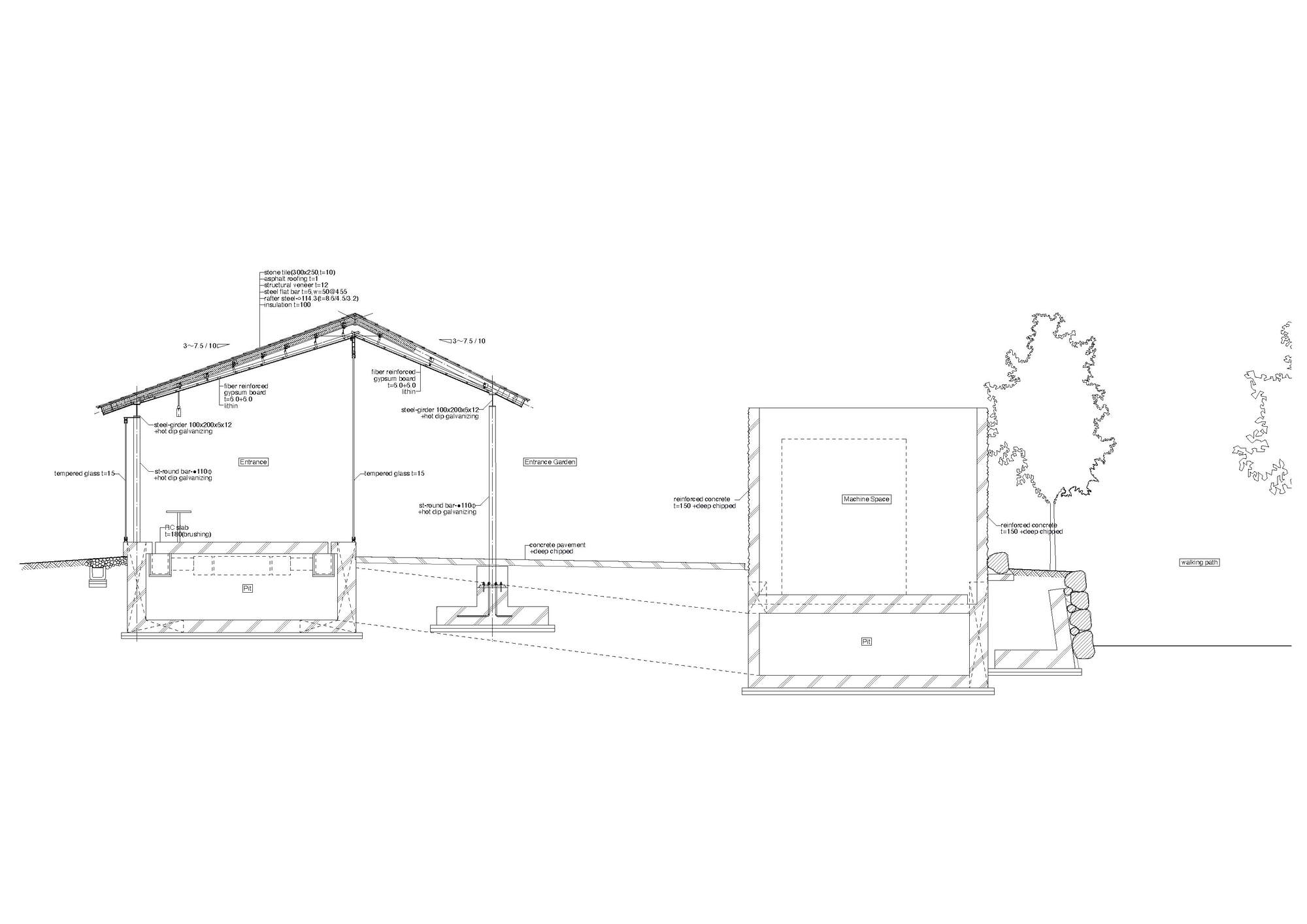 Longitudinal section drawing illustrating multiple gabled volumes and terraced outdoor spaces with trees