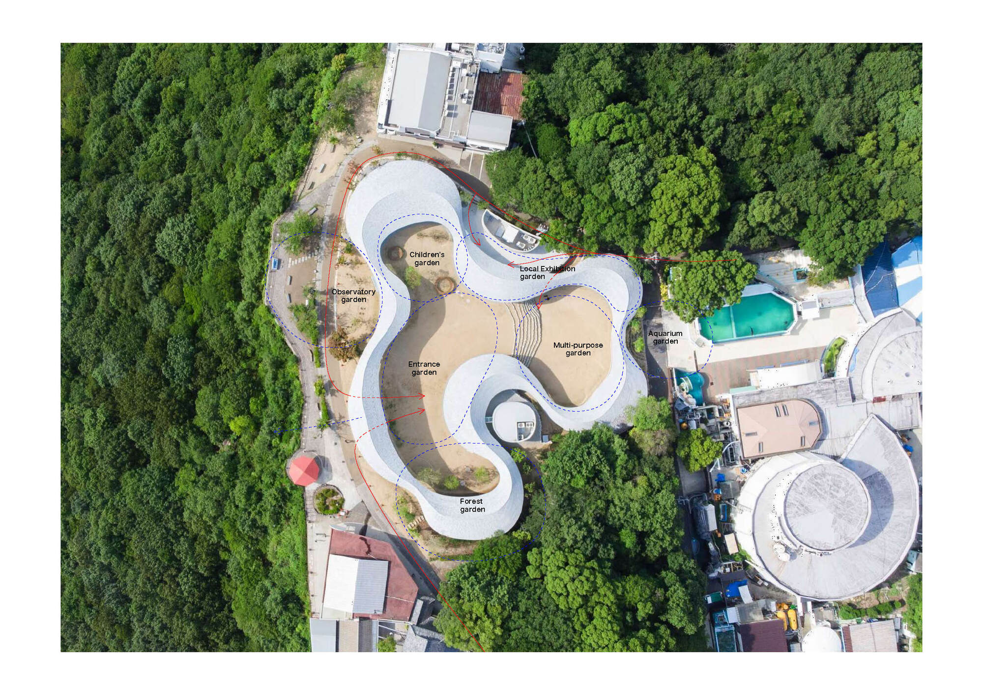 Aerial view of white cloverleaf-shaped roof surrounded by dense forest and neighboring buildings