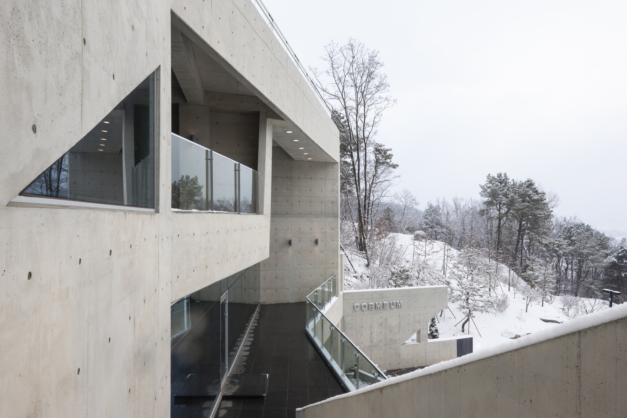Board-formed concrete terrace with external staircase descending through a winter landscape of bare trees