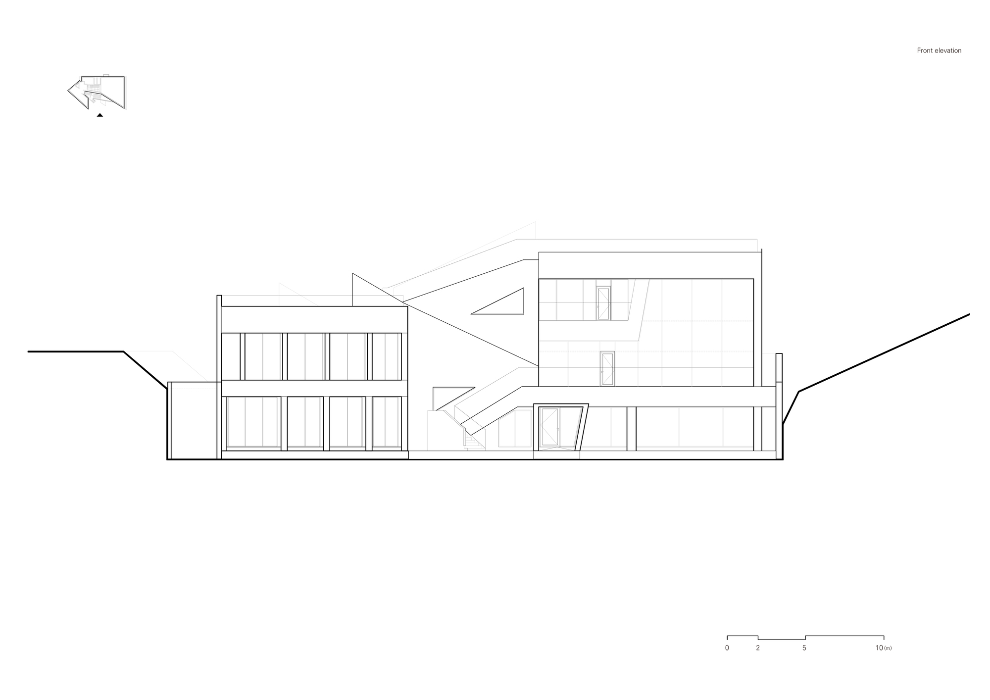 Front elevation drawing showing a multi-story facade with glazed panels and triangular bridging element