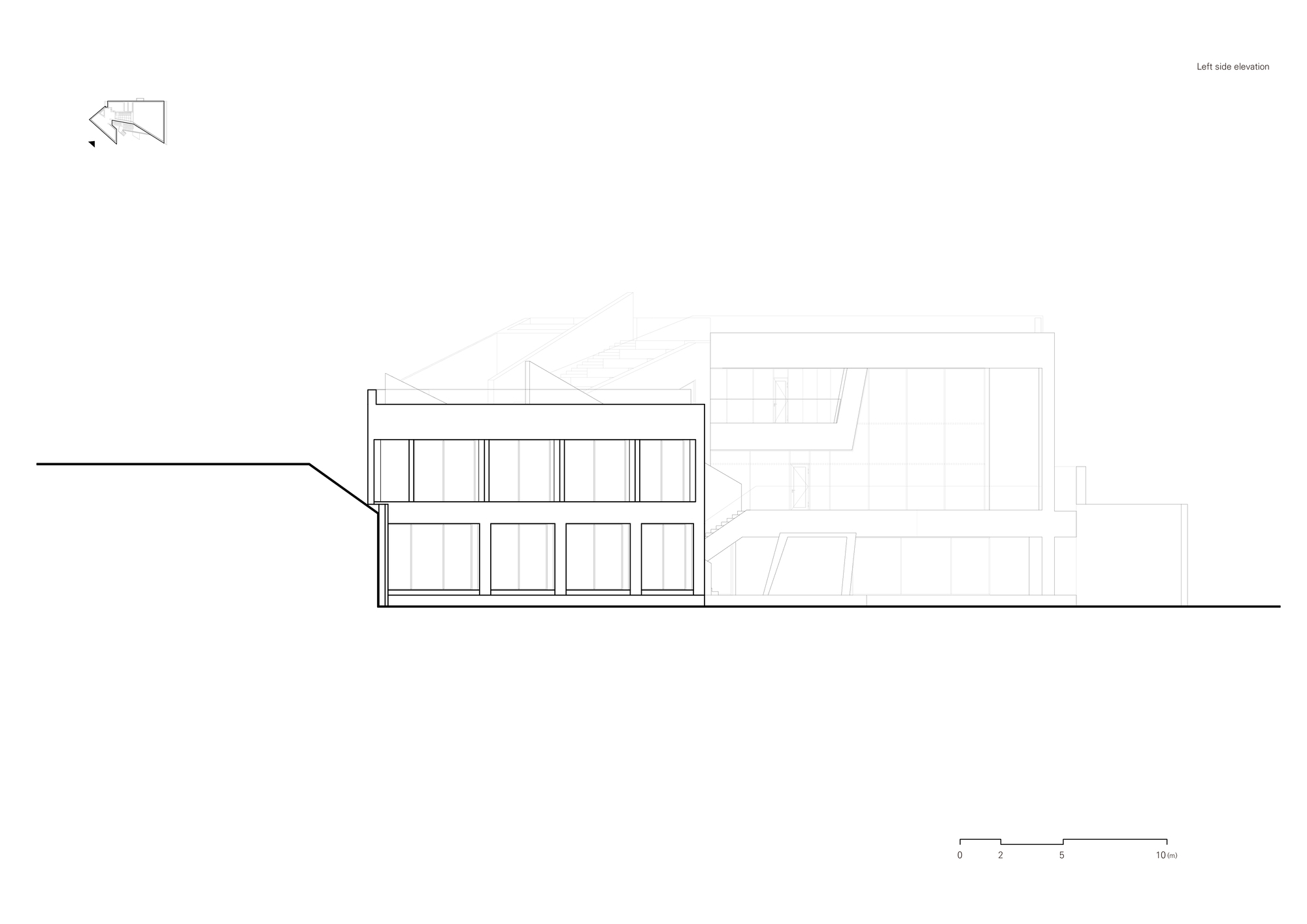 Left side elevation drawing showing a two-storey glazed volume stepping down a sloping site