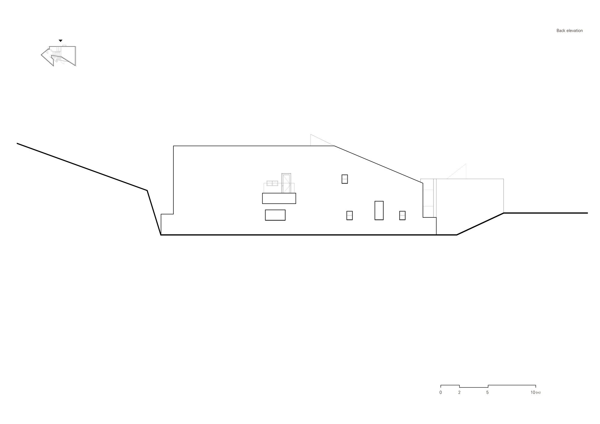 Back elevation drawing showing scattered window openings across a single-storey volume on sloped terrain