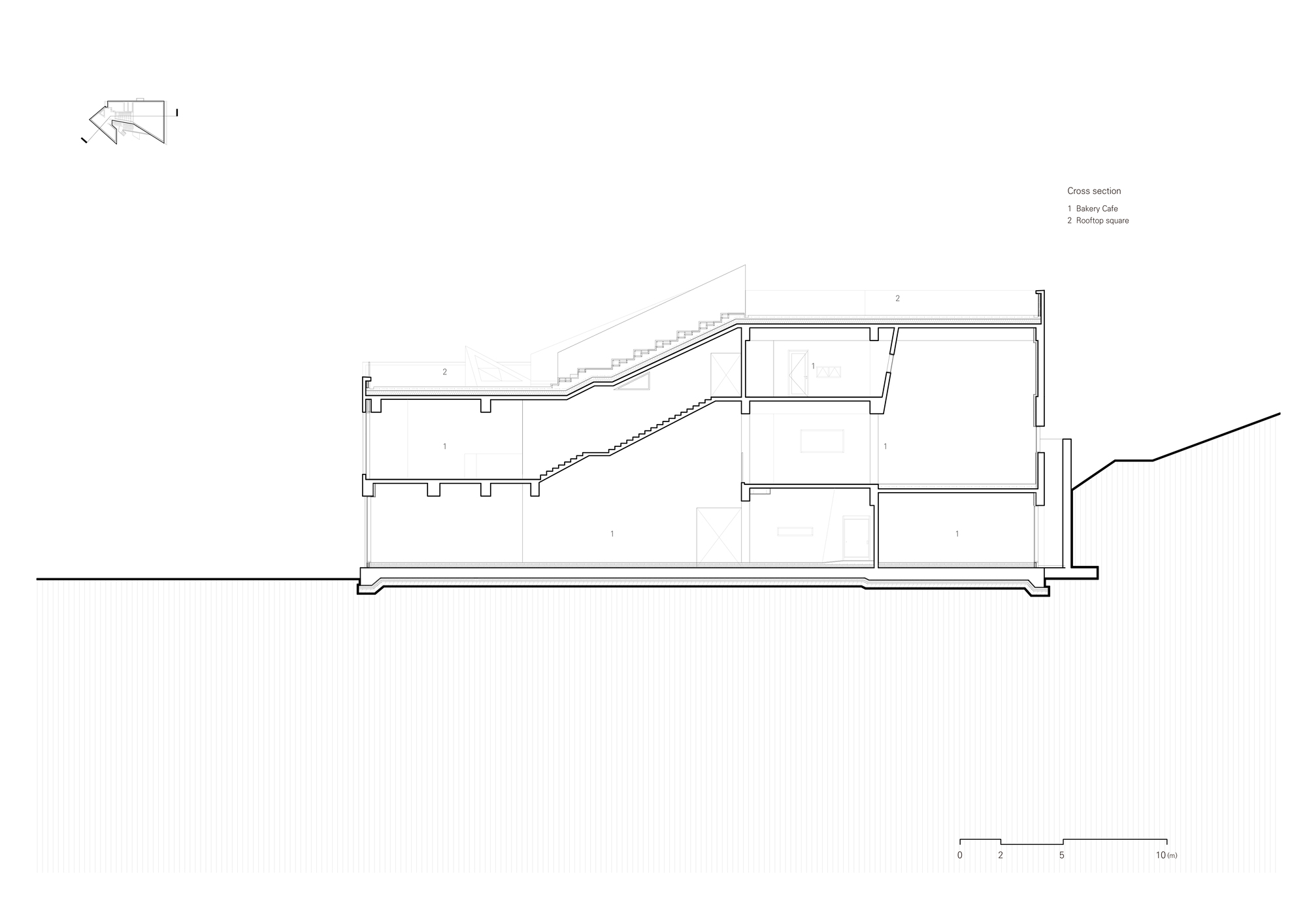 Section drawing showing interior levels with stepped floors following the downward slope of the site