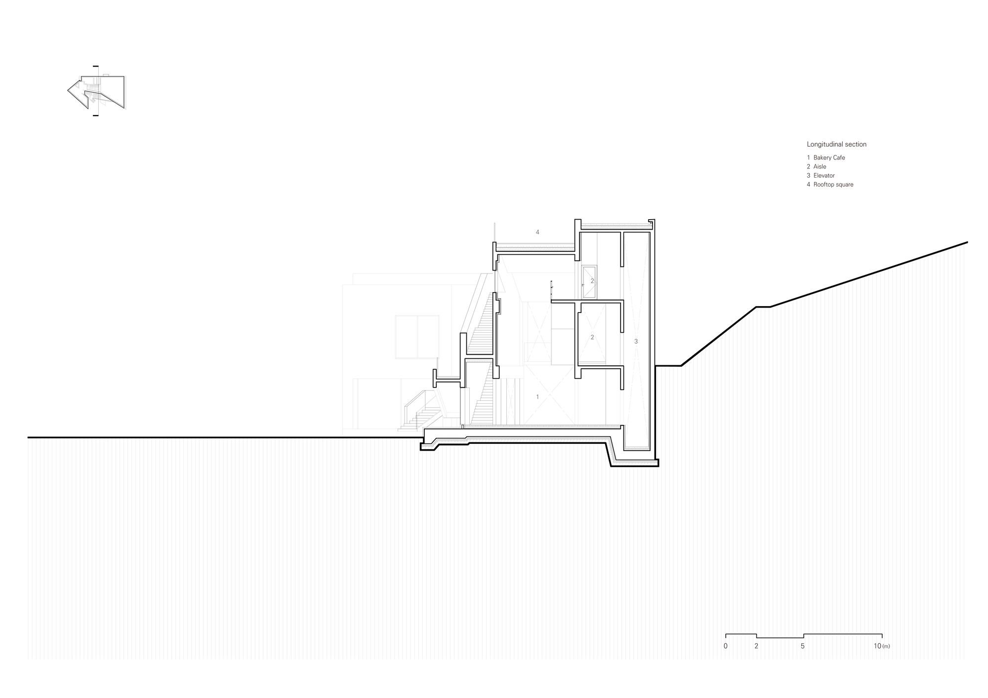 Section drawing showing split-level interior spaces stepping upward against the rising hillside