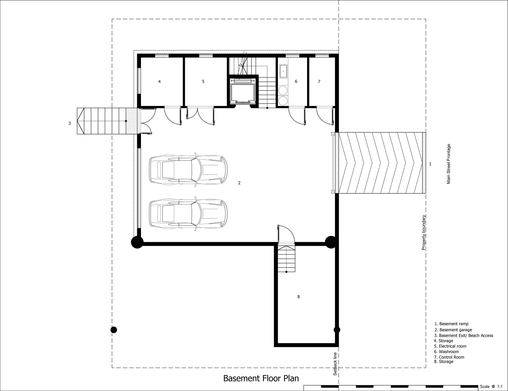 Basement floor plan drawing showing garage with two vehicles and service rooms with central staircase