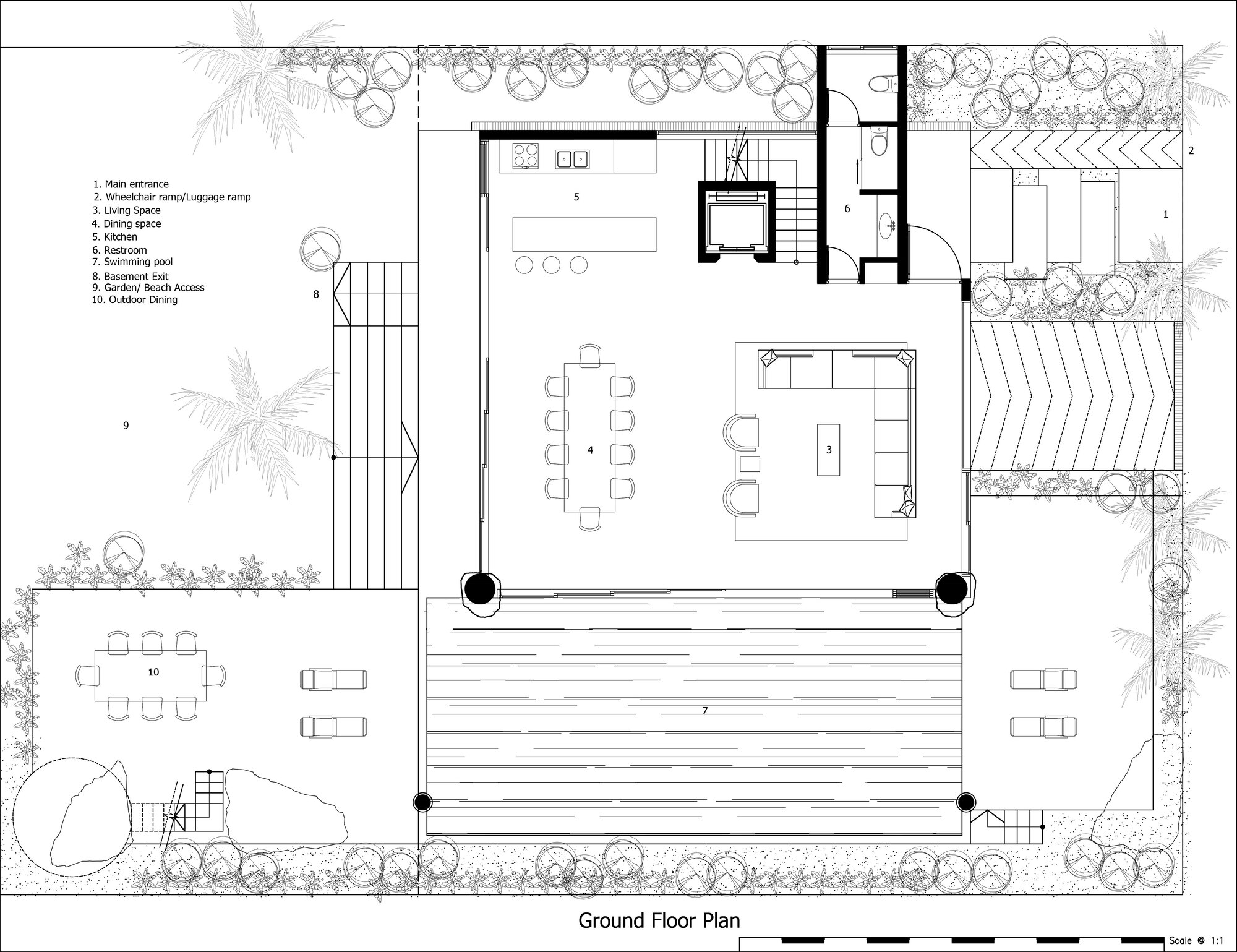 Ground floor plan showing open-plan living and dining spaces with a large deck and surrounding landscape