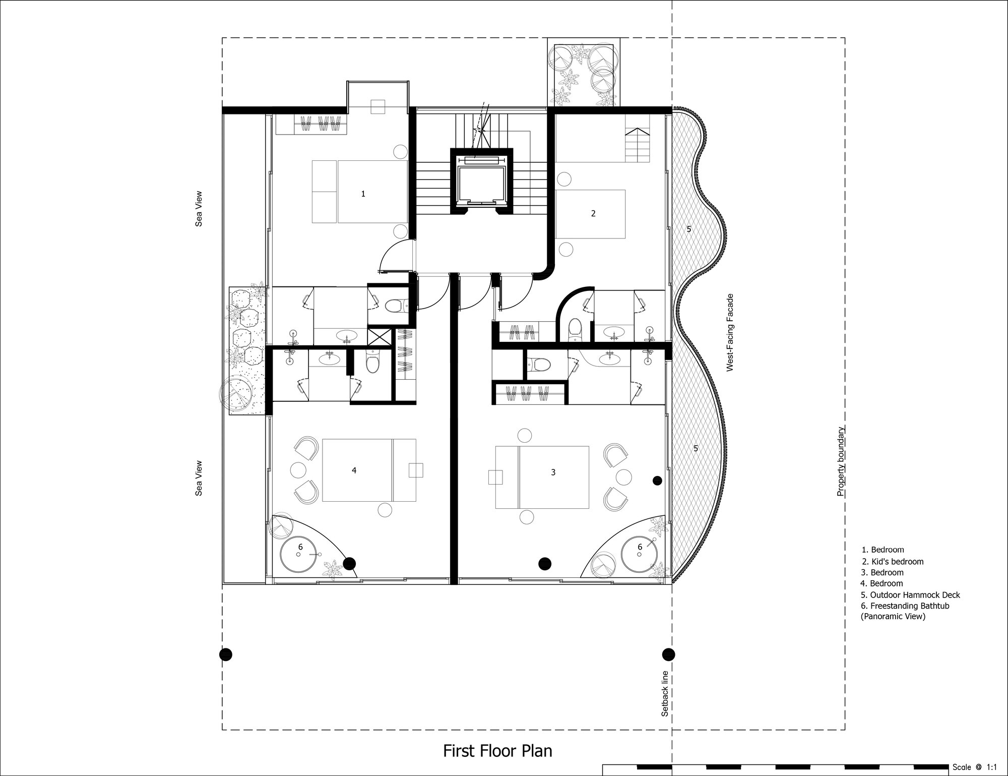 First floor plan showing two bedroom suites flanking a central stair core with outdoor deck access