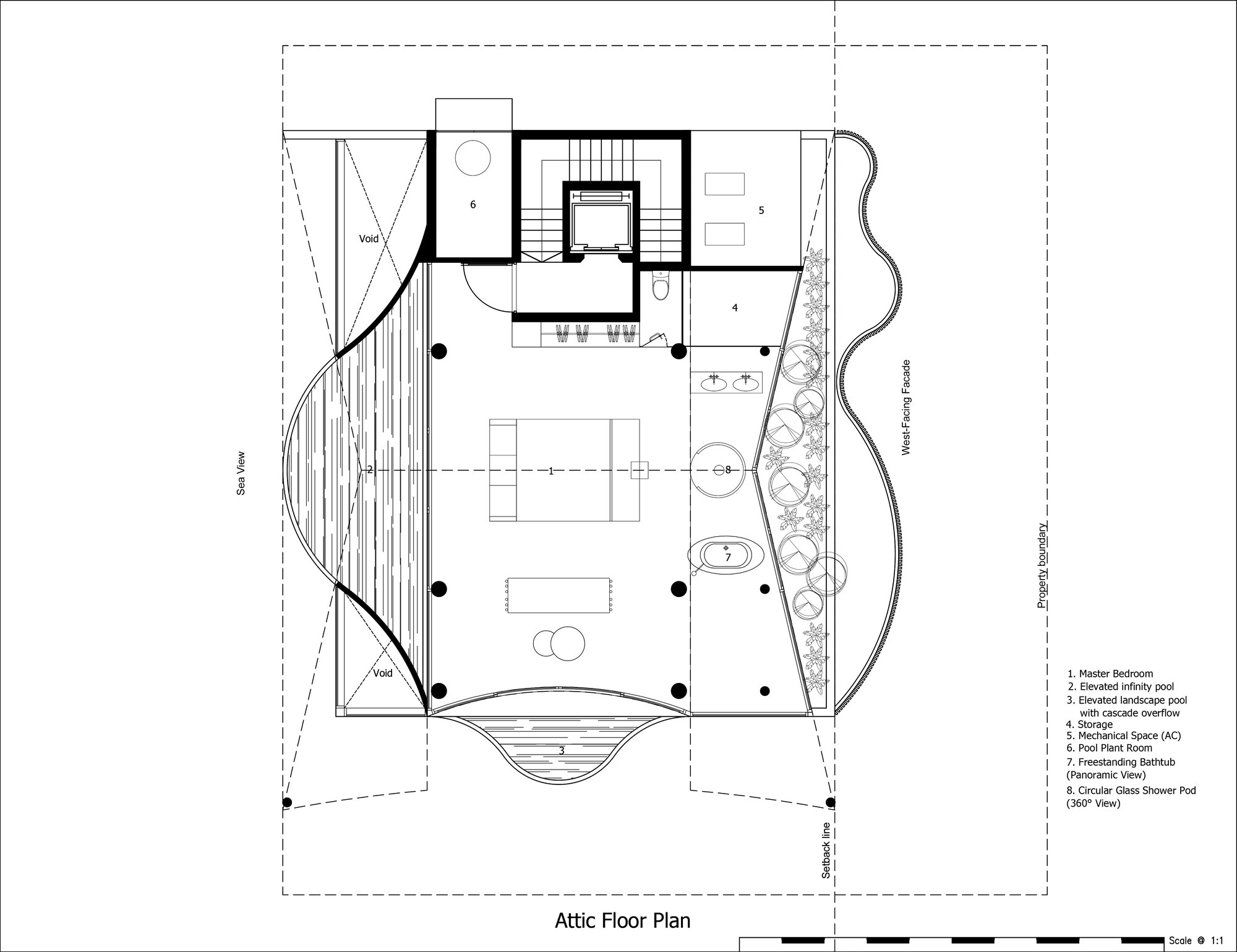 Attic floor plan showing master bedroom with infinity pool and elevated landscape pool on opposite sides