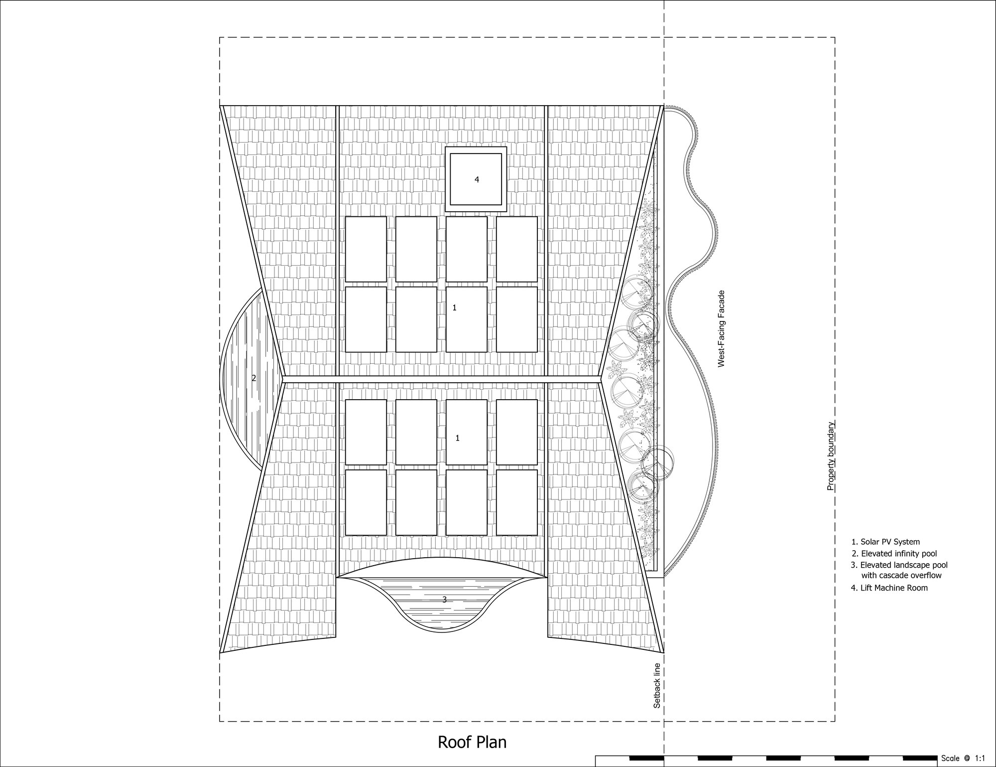 Roof plan showing solar panel array and rooftop machine room with curved pool projection below