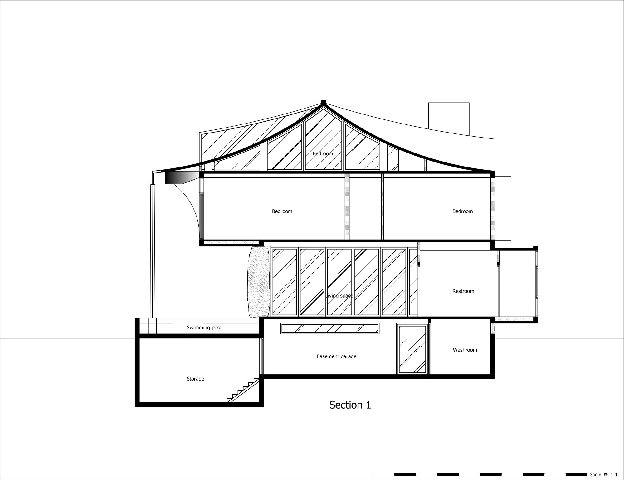 Section drawing showing three-story volume with gabled roof, swimming pool, and basement garage below grade