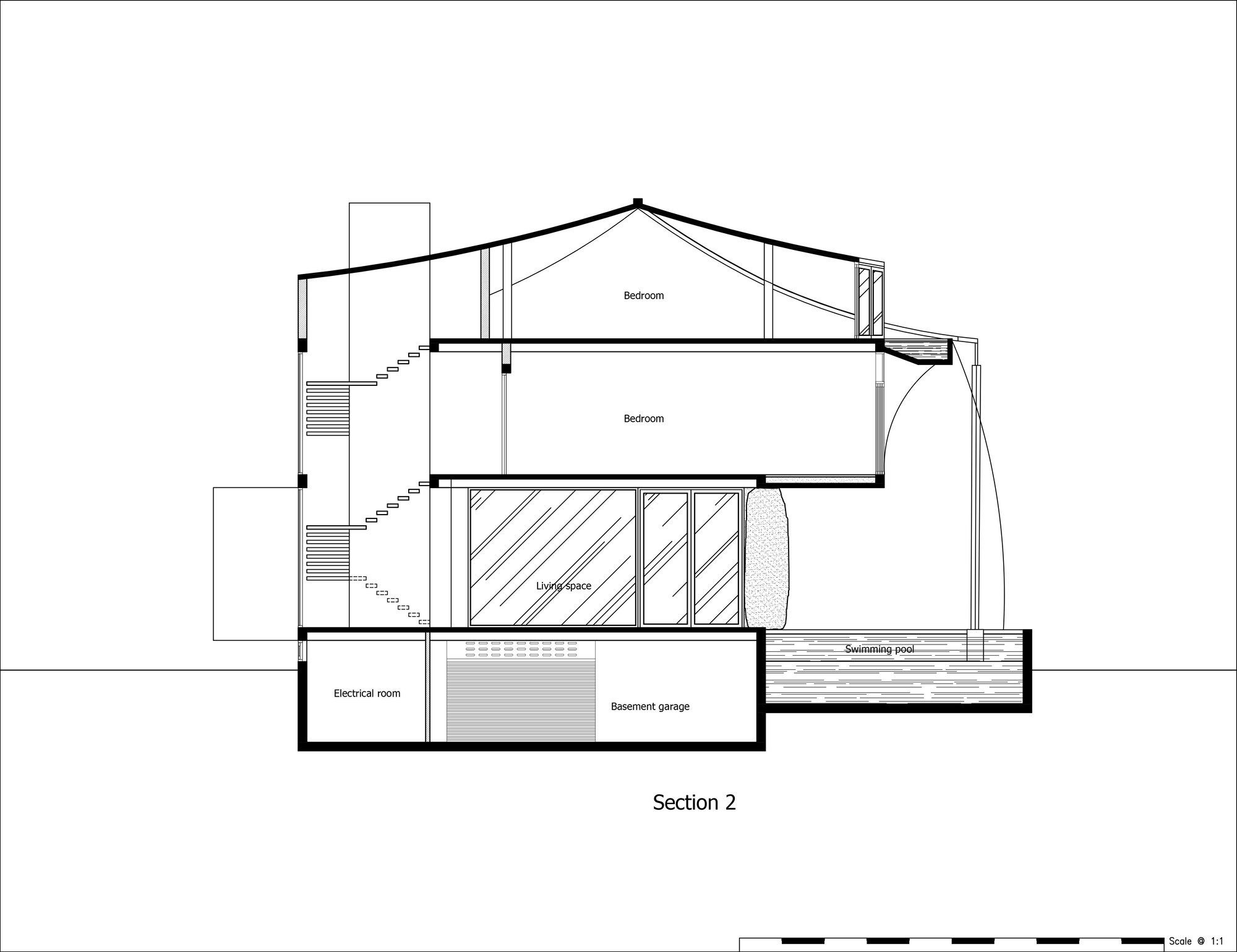 Section drawing showing stacked bedroom levels with open stairwell and basement utilities beneath swimming pool