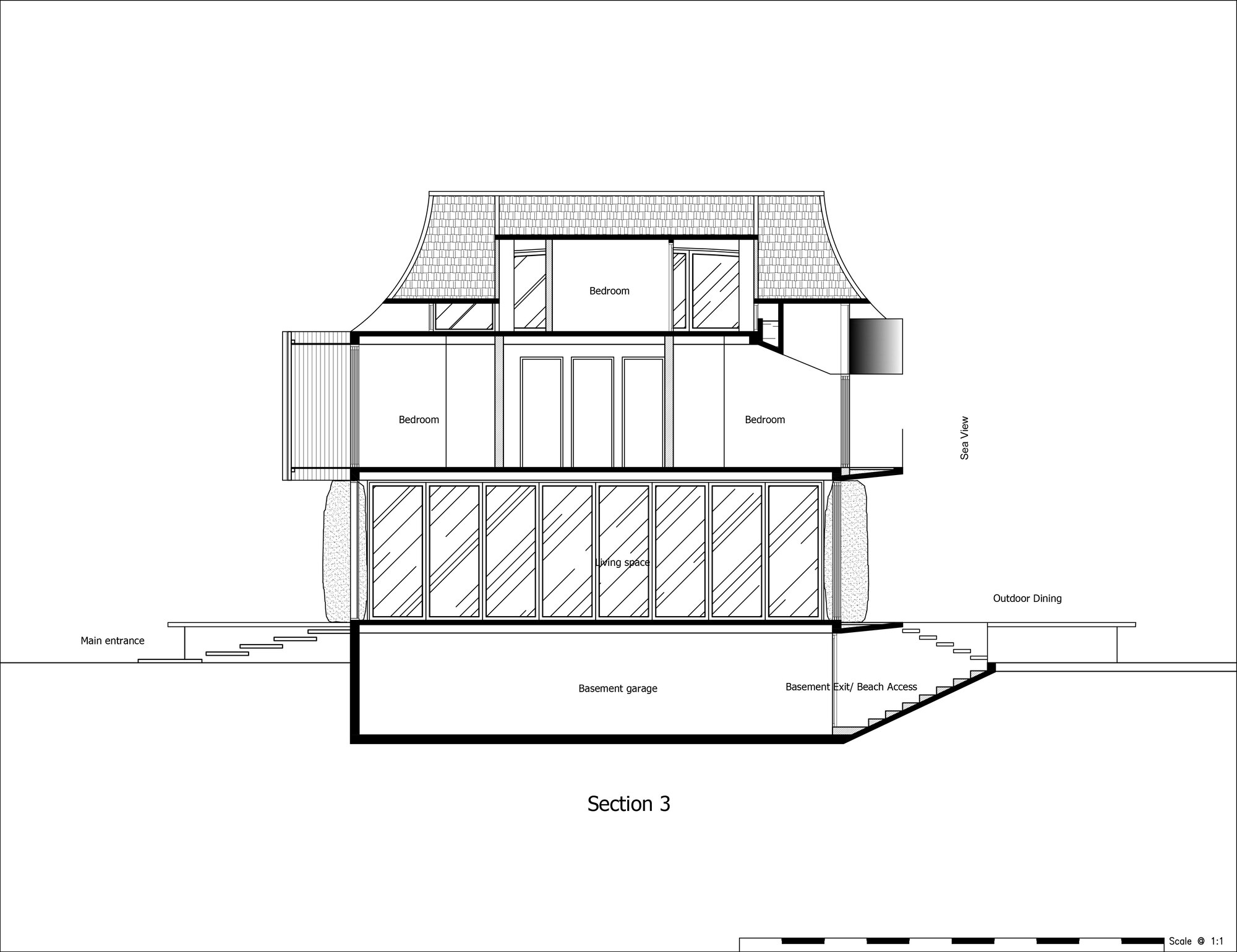Section drawing showing three stacked levels with bedrooms, a living area with glazing, and basement garage below grade