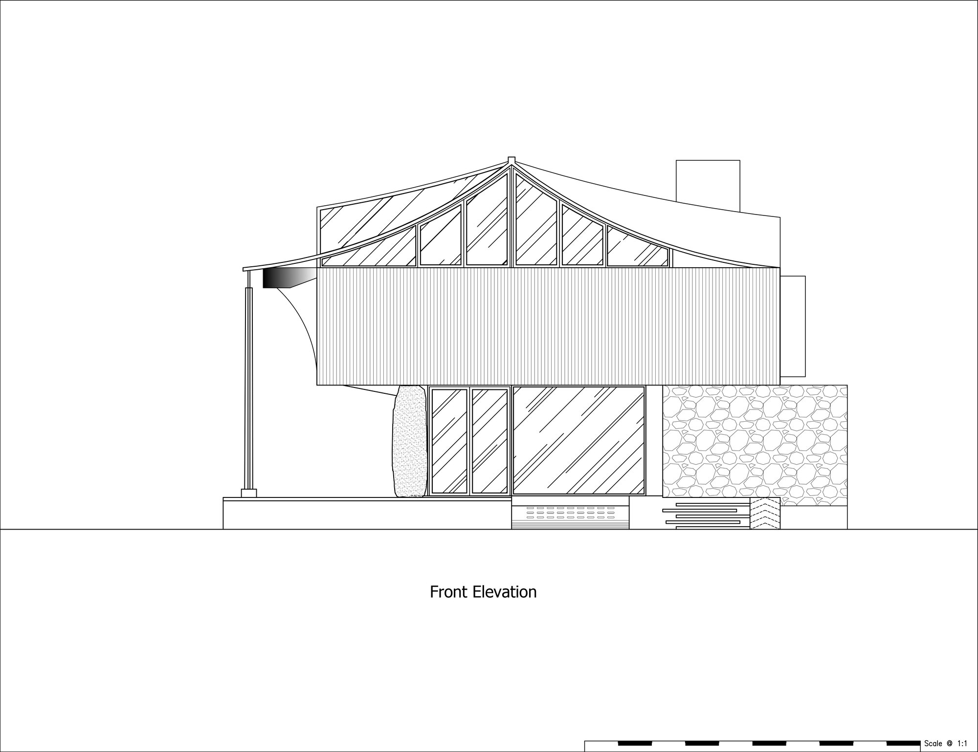 Front elevation drawing depicting a pitched roof with exposed trusses above a vertically clad cantilevered volume