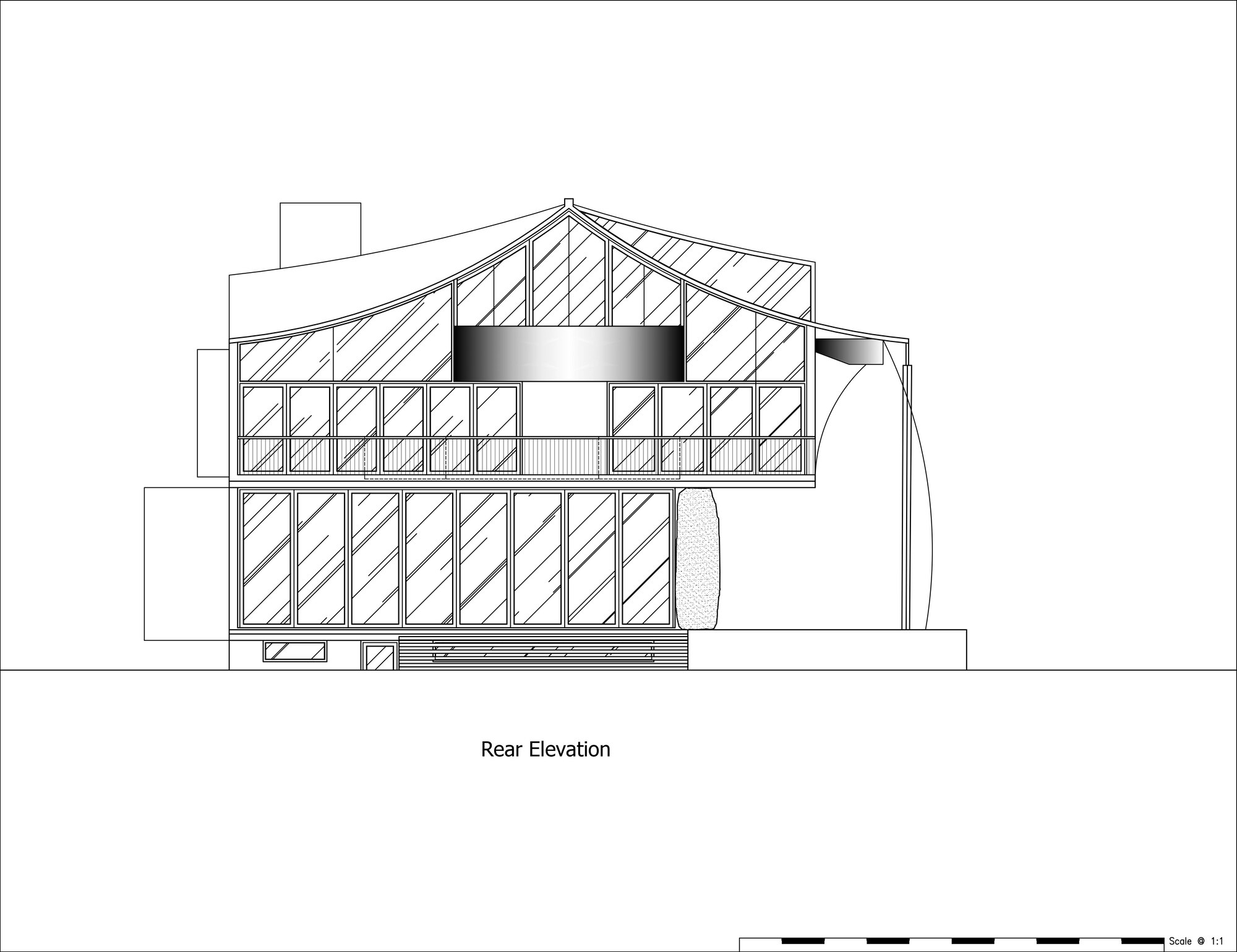 Rear elevation drawing showing stacked glazed volumes beneath a pitched truss roof with textured wall panel