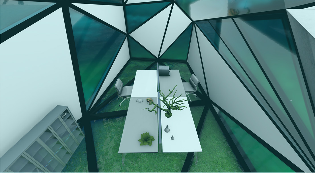 Overhead view of a courtyard space enclosed by faceted glass and metal framework with potted plants on artificial turf