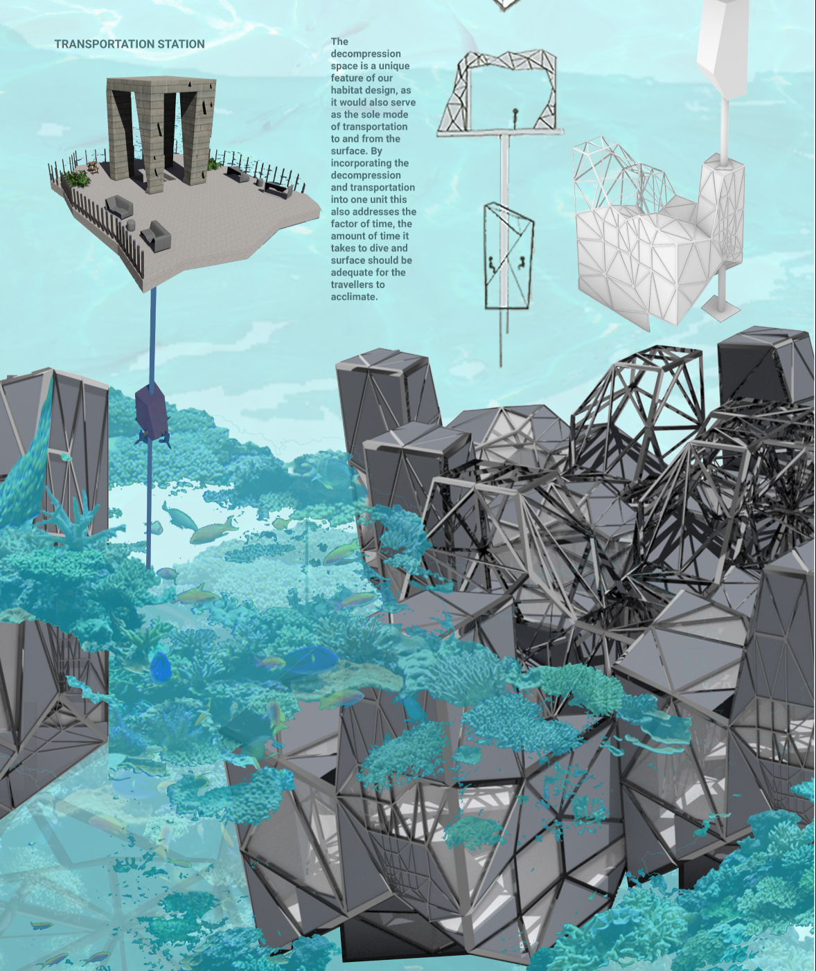 Rendered site plan showing elevated faceted volumes connected by bridges amid foliage rendered in turquoise tones