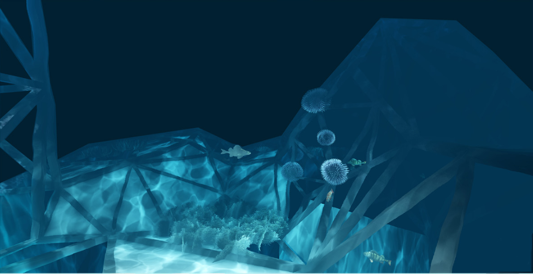 Underwater perspective of angular structural framework supporting planted volumes with spherical aquatic flora