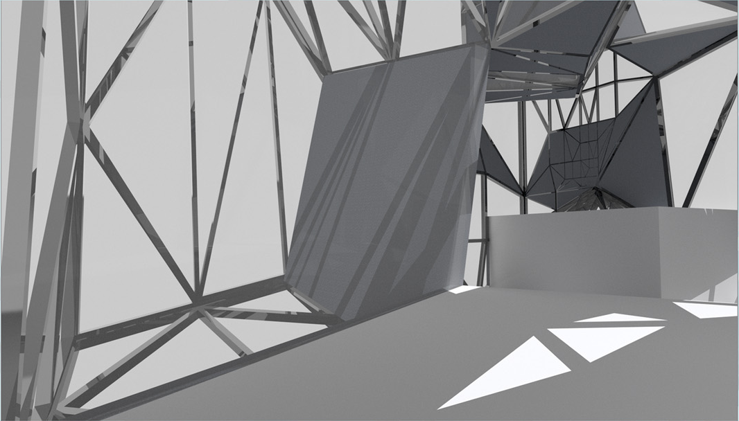 Interior view of exposed diagonal steel bracing with folded fabric panels and angled light through open framing