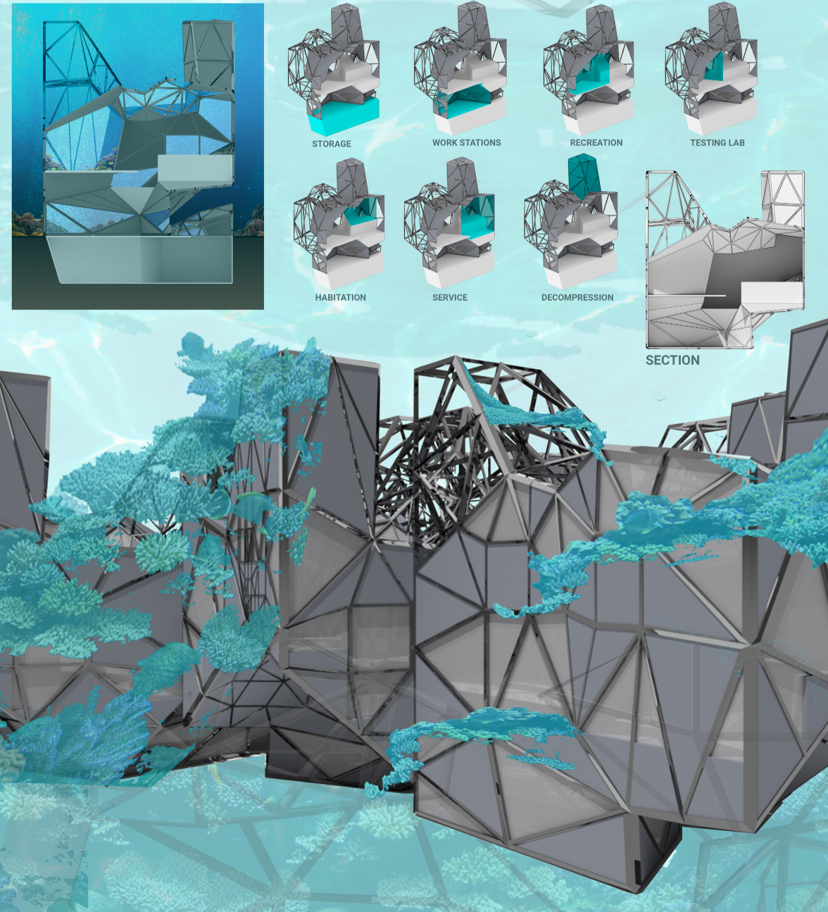 Composite drawing showing programmatic diagrams and sectional views of faceted modules suspended above turquoise vegetation