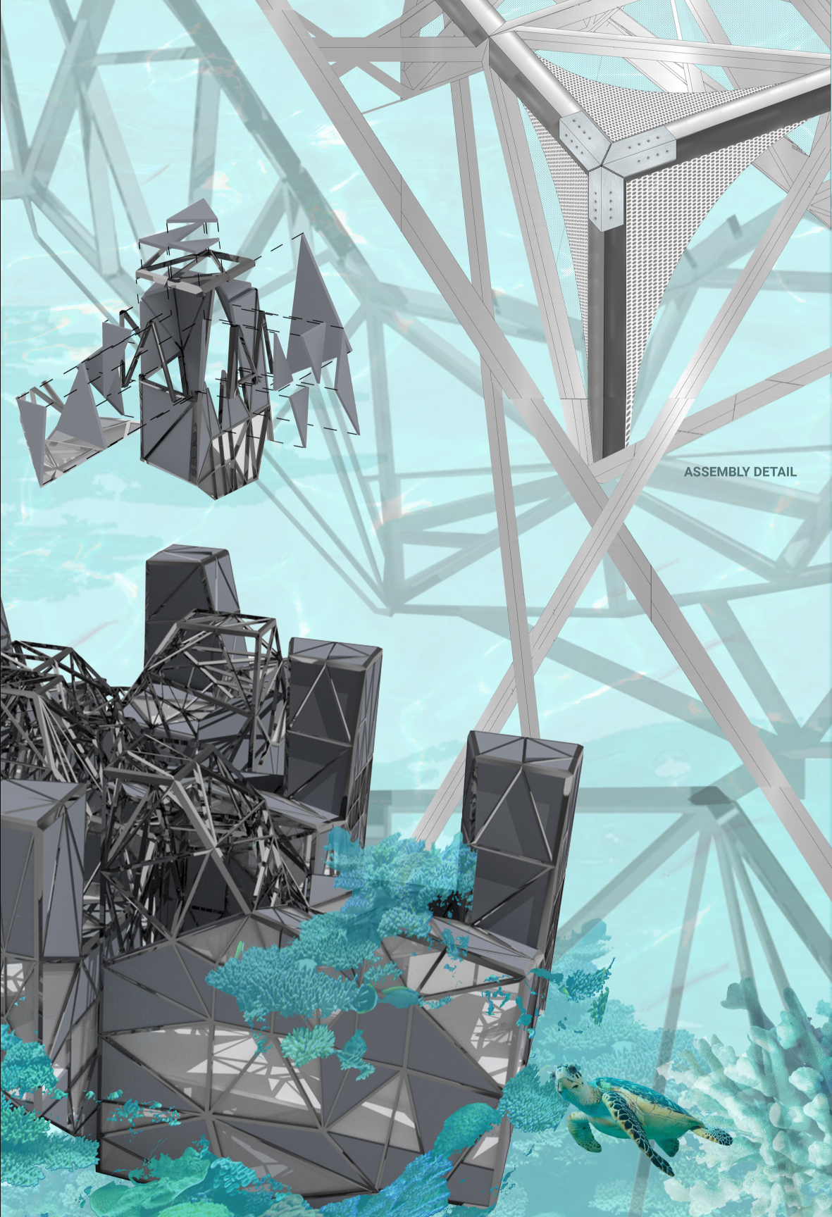 Assembly detail drawing illustrating faceted volumes connected by diagonal steel truss framework with turquoise plantings below