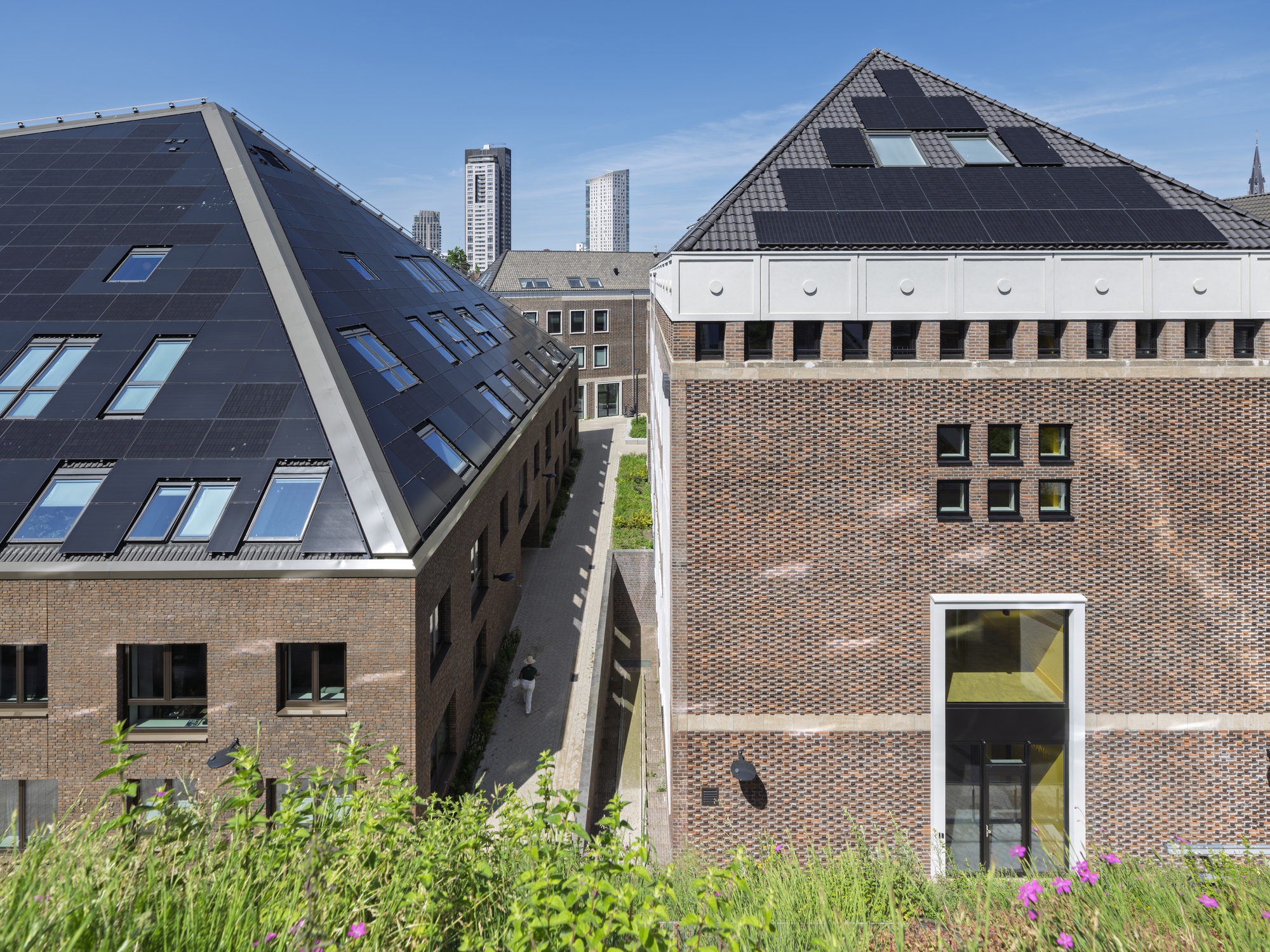 Rooftop view of green roof terrace with brick gable facades and solar panel roofs in background
