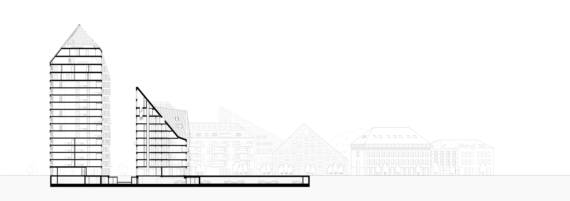 Elevation drawing showing two towers with sloped profiles next to existing contextual buildings
