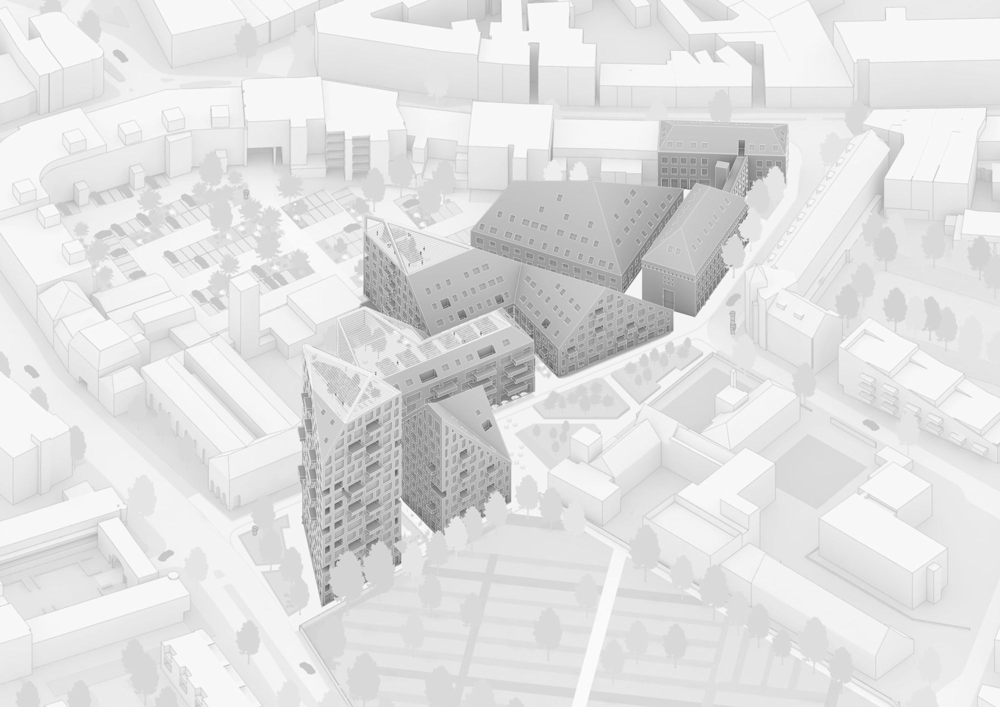Axonometric massing model showing angular towers and lower blocks within the surrounding urban fabric