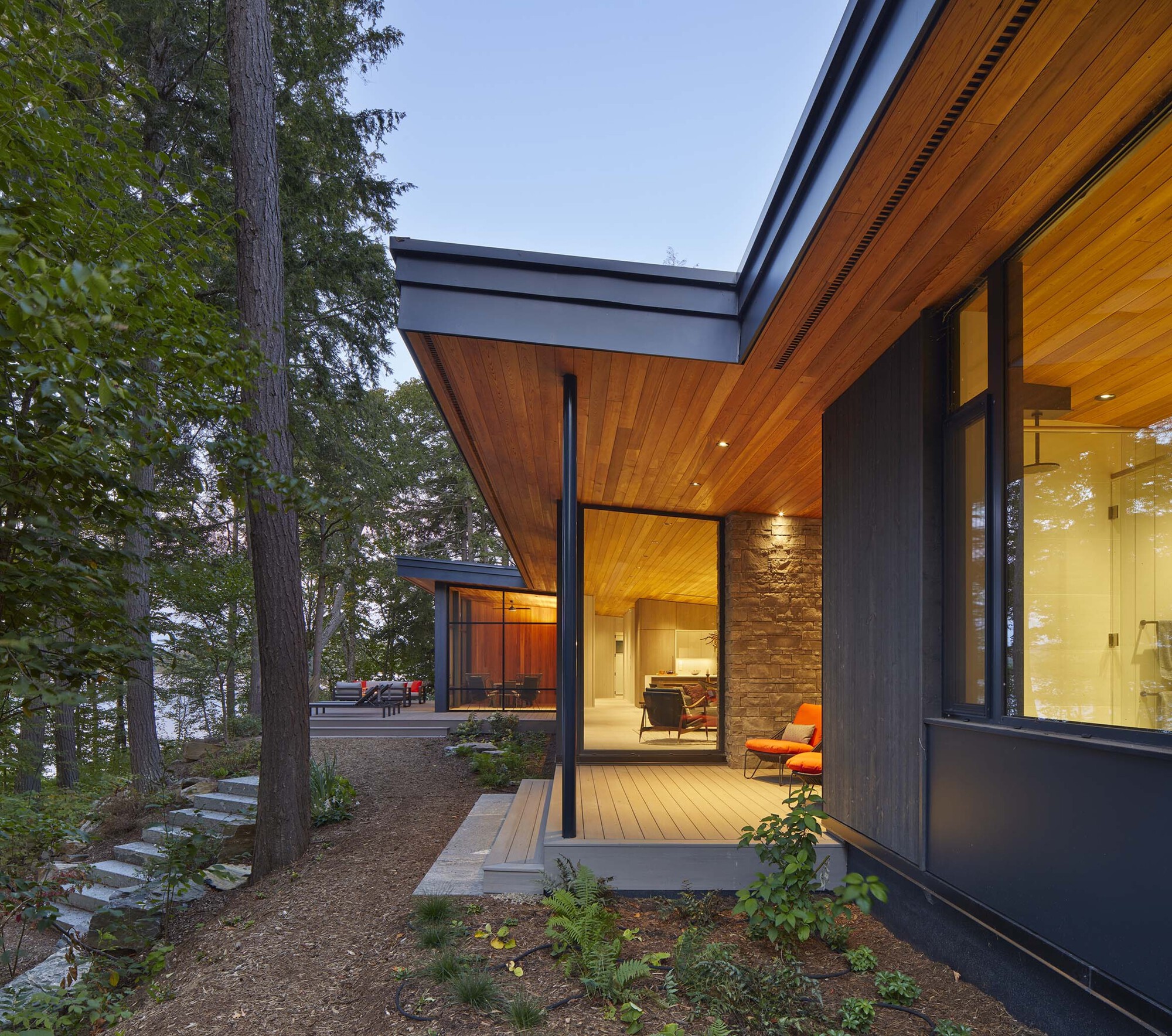 Exterior view of timber-clad overhang and glass walls nestled among conifer trees at dusk