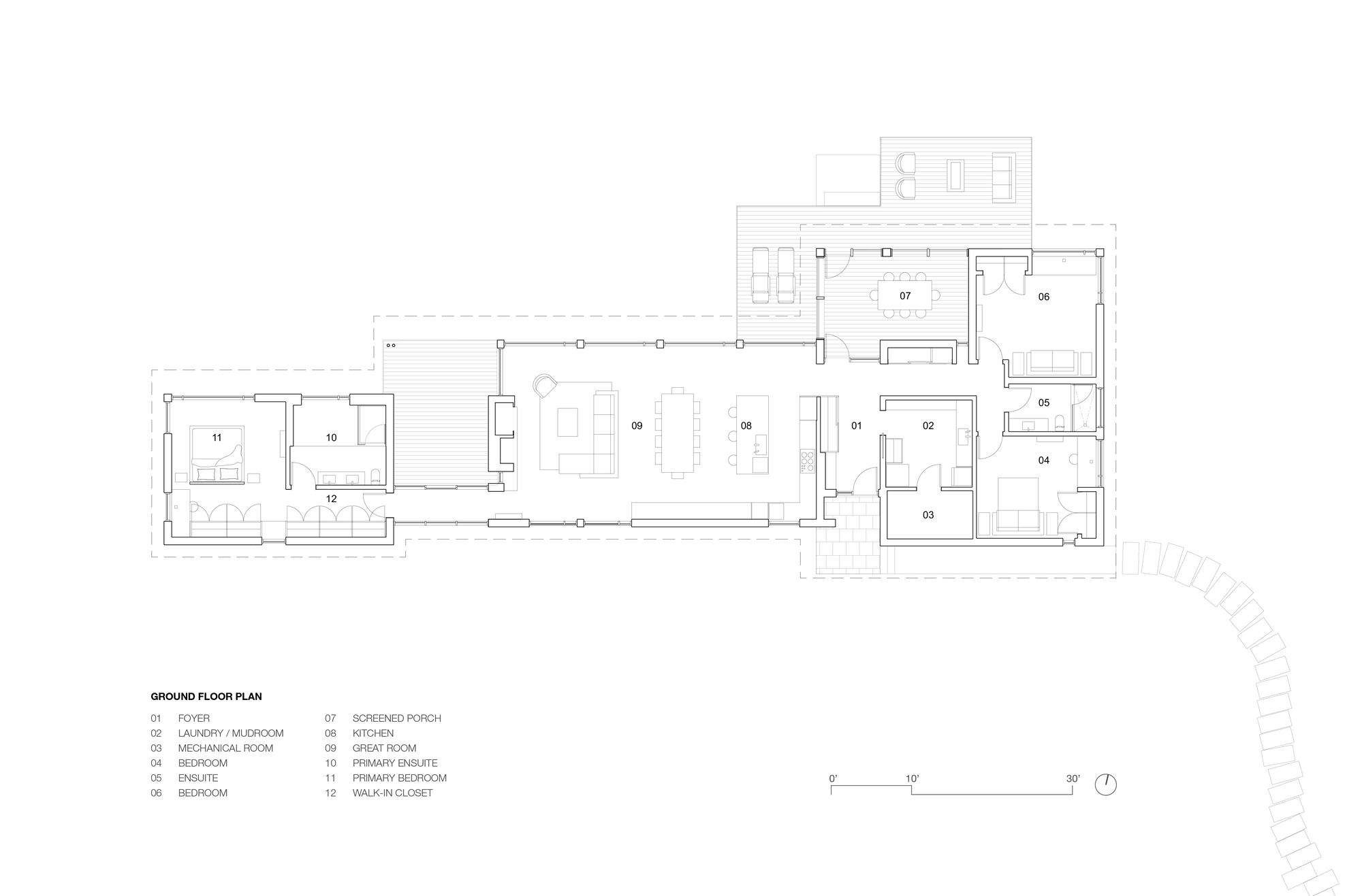 Ground floor plan drawing showing an elongated residential layout with living spaces and numbered room divisions