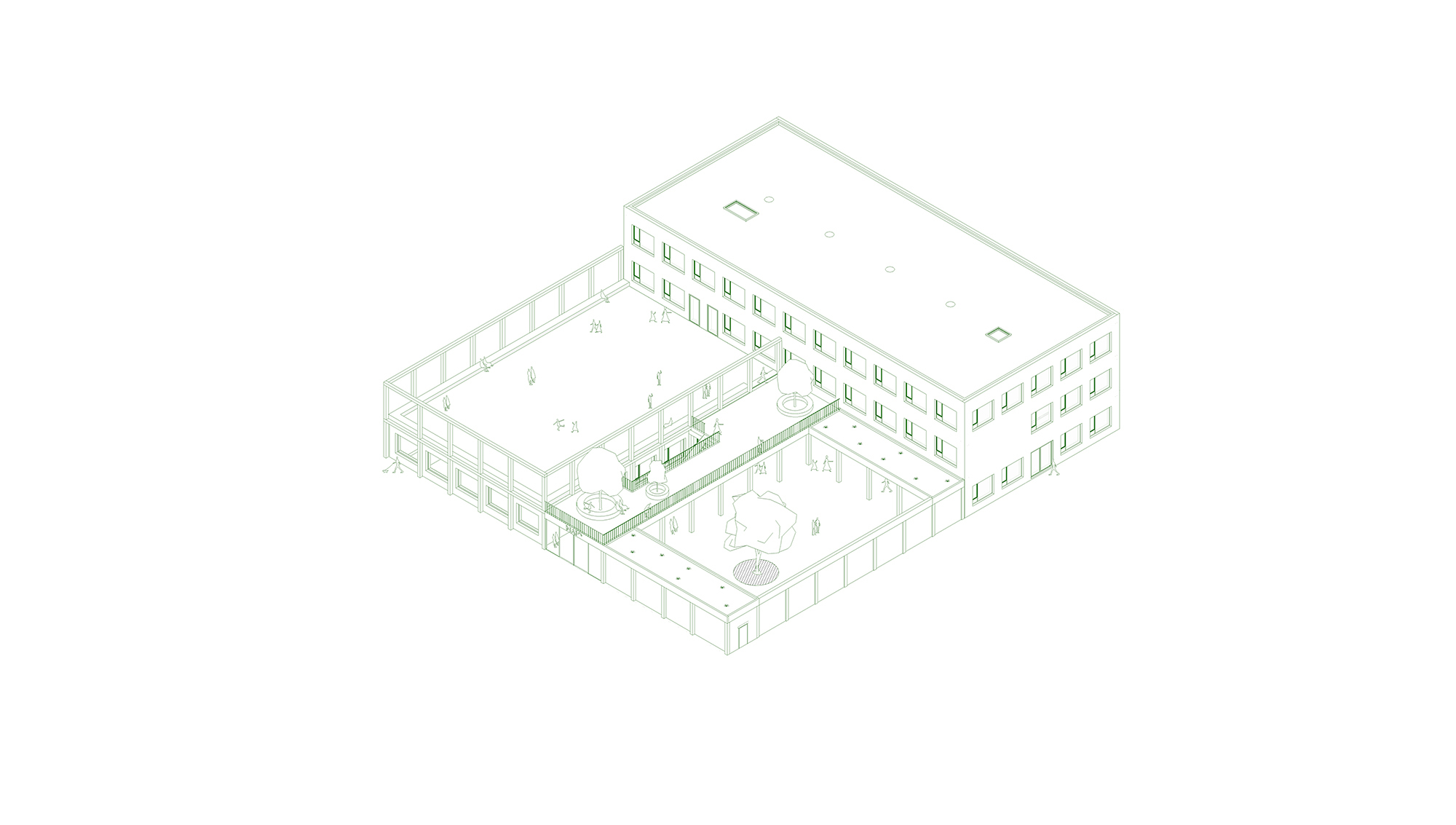 Axonometric drawing showing a courtyard building with central planted areas and surrounding circulation