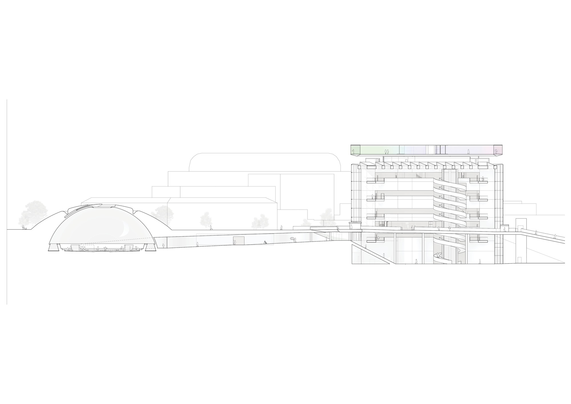Section drawing revealing domed auditorium and multi-level gallery wing with exposed structural framing