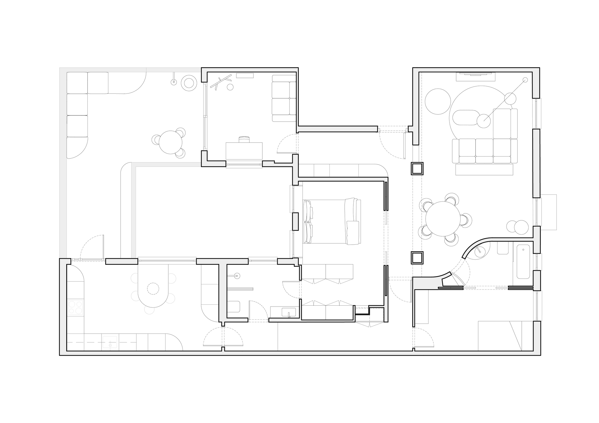 Floor plan drawing showing a multi-room residential layout with bathrooms, bedrooms, and living spaces