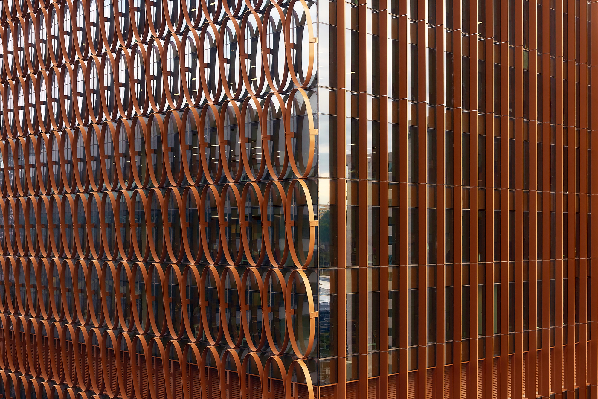 Close-up of the bronze oval screen cladding meeting the vertical timber fin system at a corner