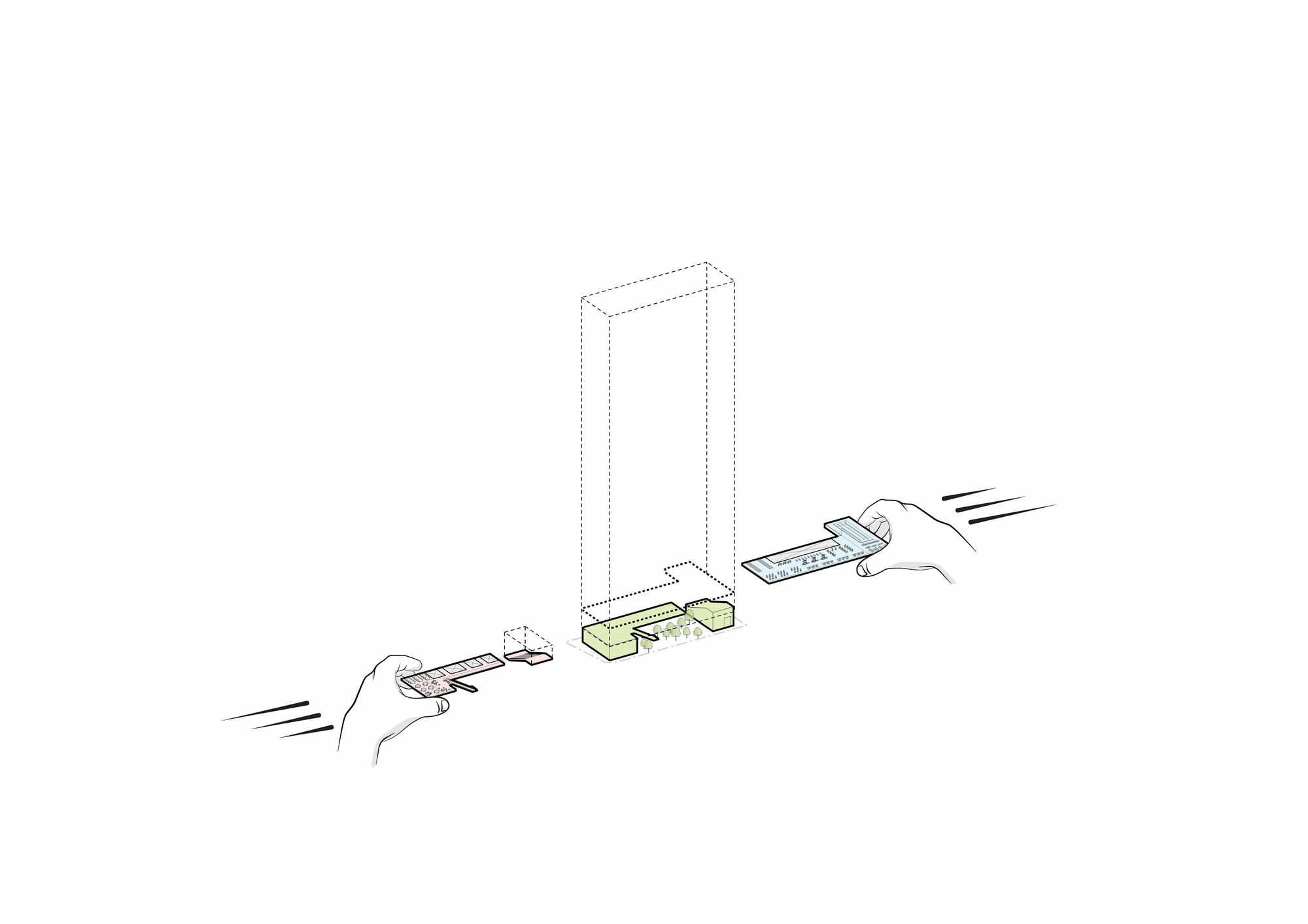 Isometric diagram of modular units being slid into a tower frame by hands in sequence