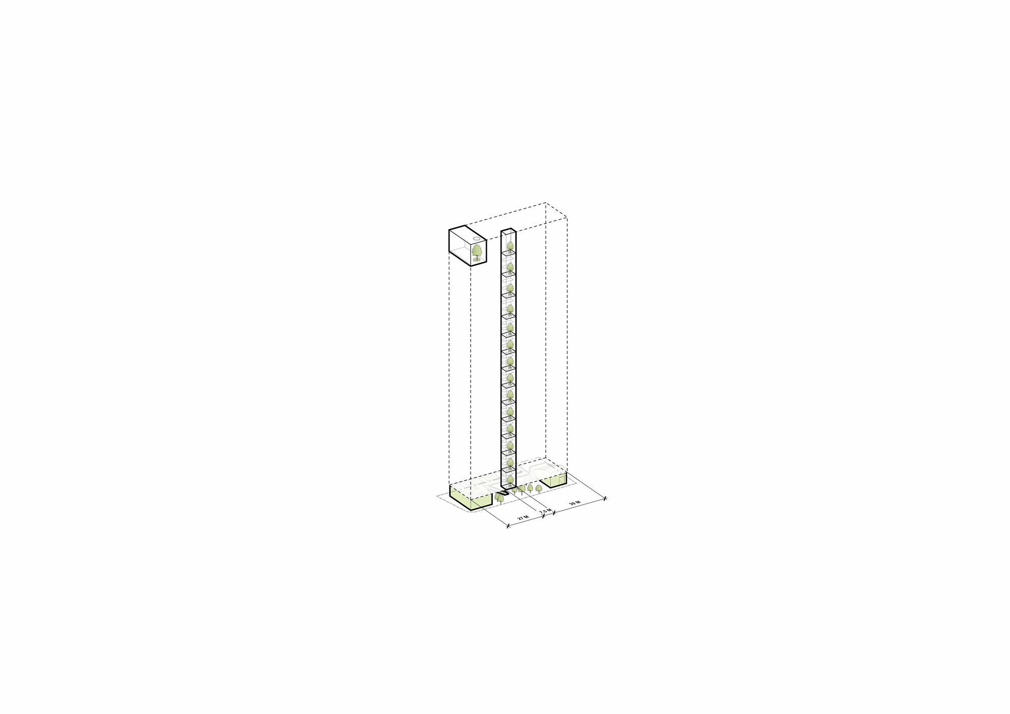 Axonometric view of a slender tower with vertical core and planted podium base