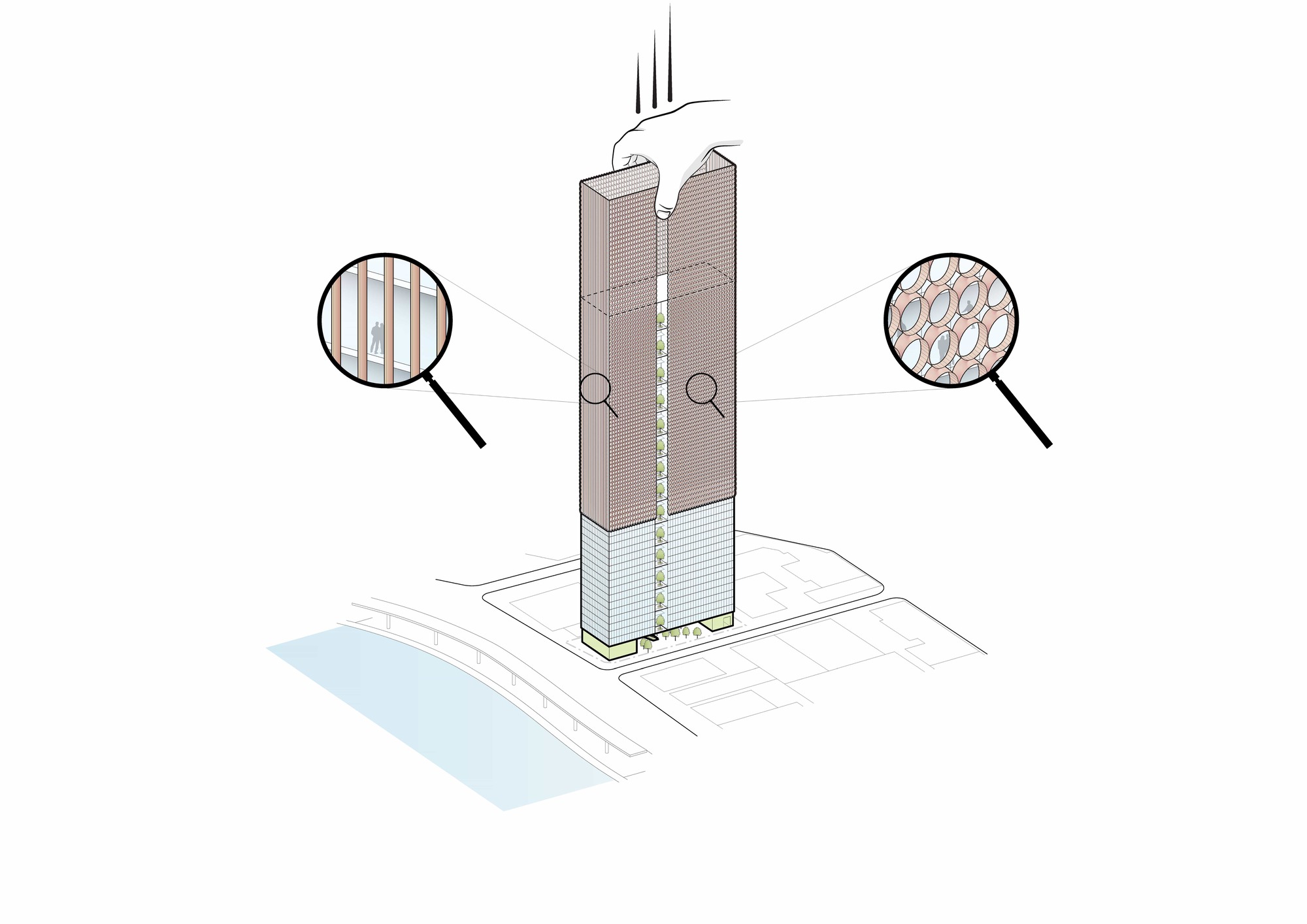 Axonometric drawing of a tower with material callouts highlighting vertical louvres and circular perforated panels
