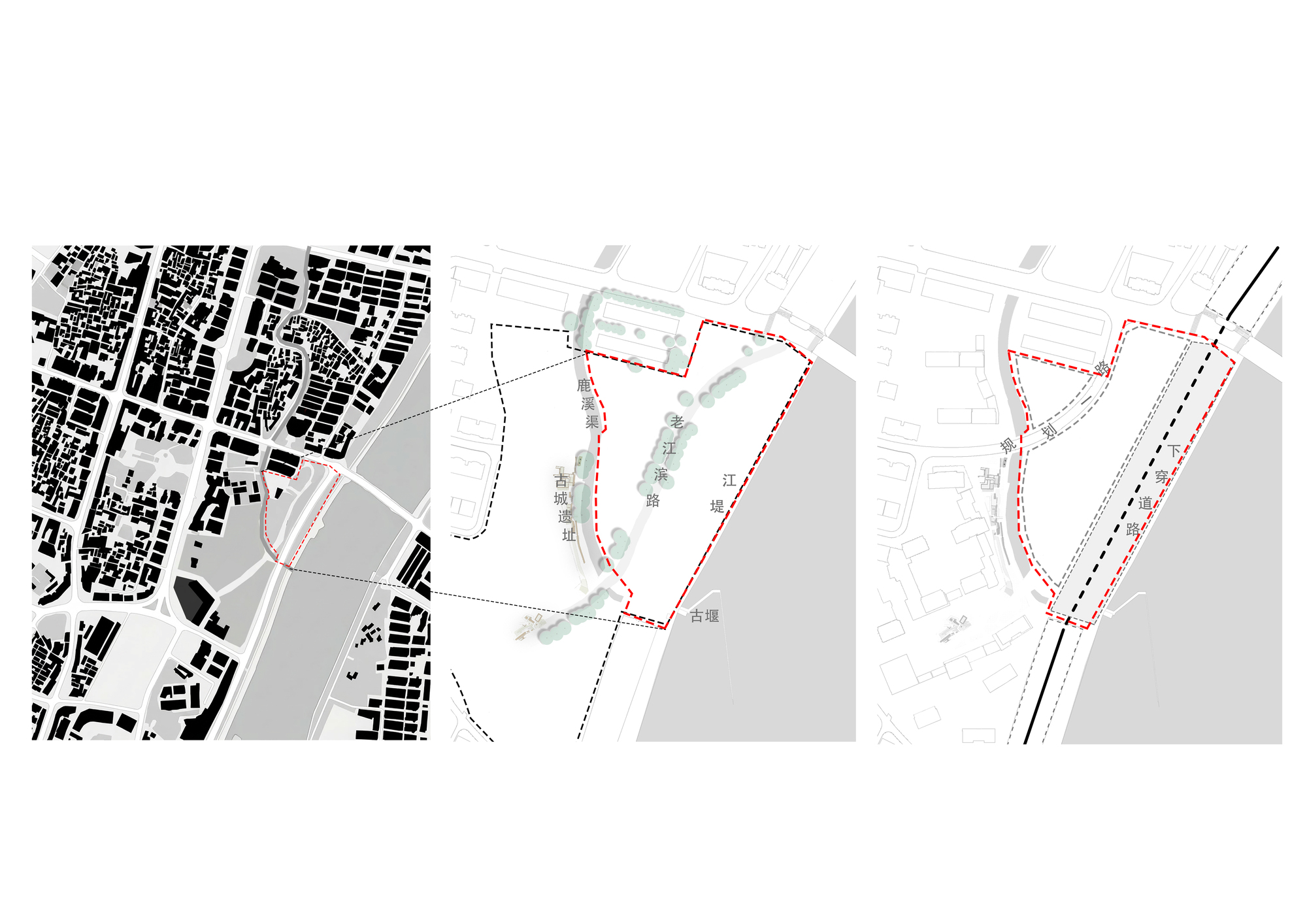Site plan sequence showing urban context and phased development of a triangular waterfront parcel