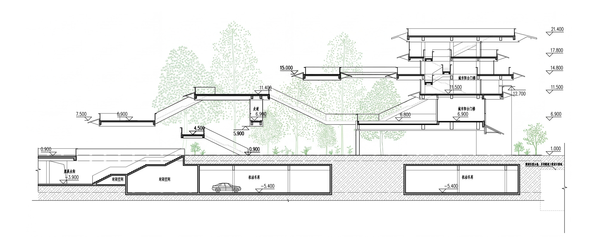 Section drawing showing stepped volumes cascading down a slope with underground parking and planted terraces