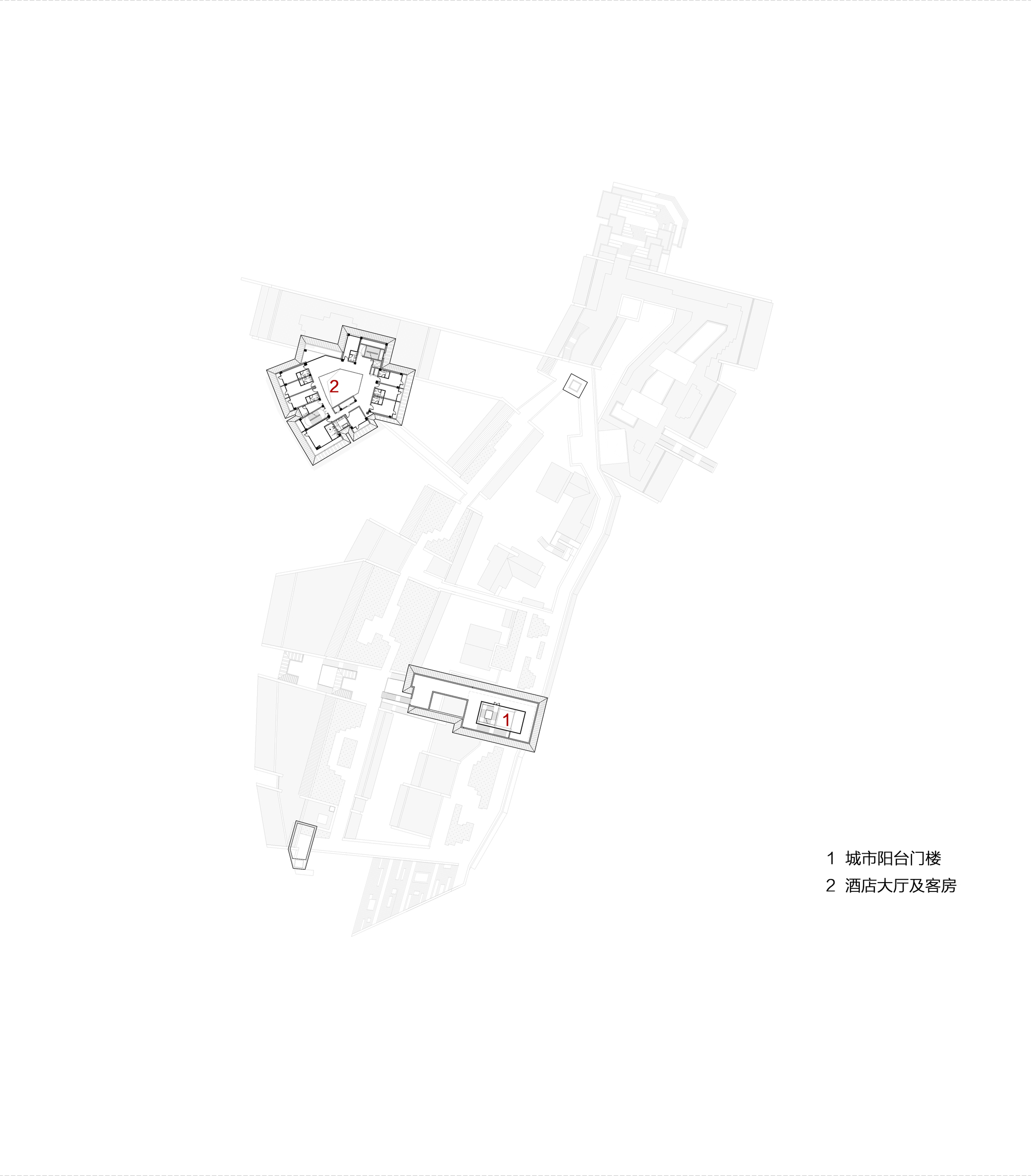 Site plan drawing showing three pavilions positioned within a linear waterfront development