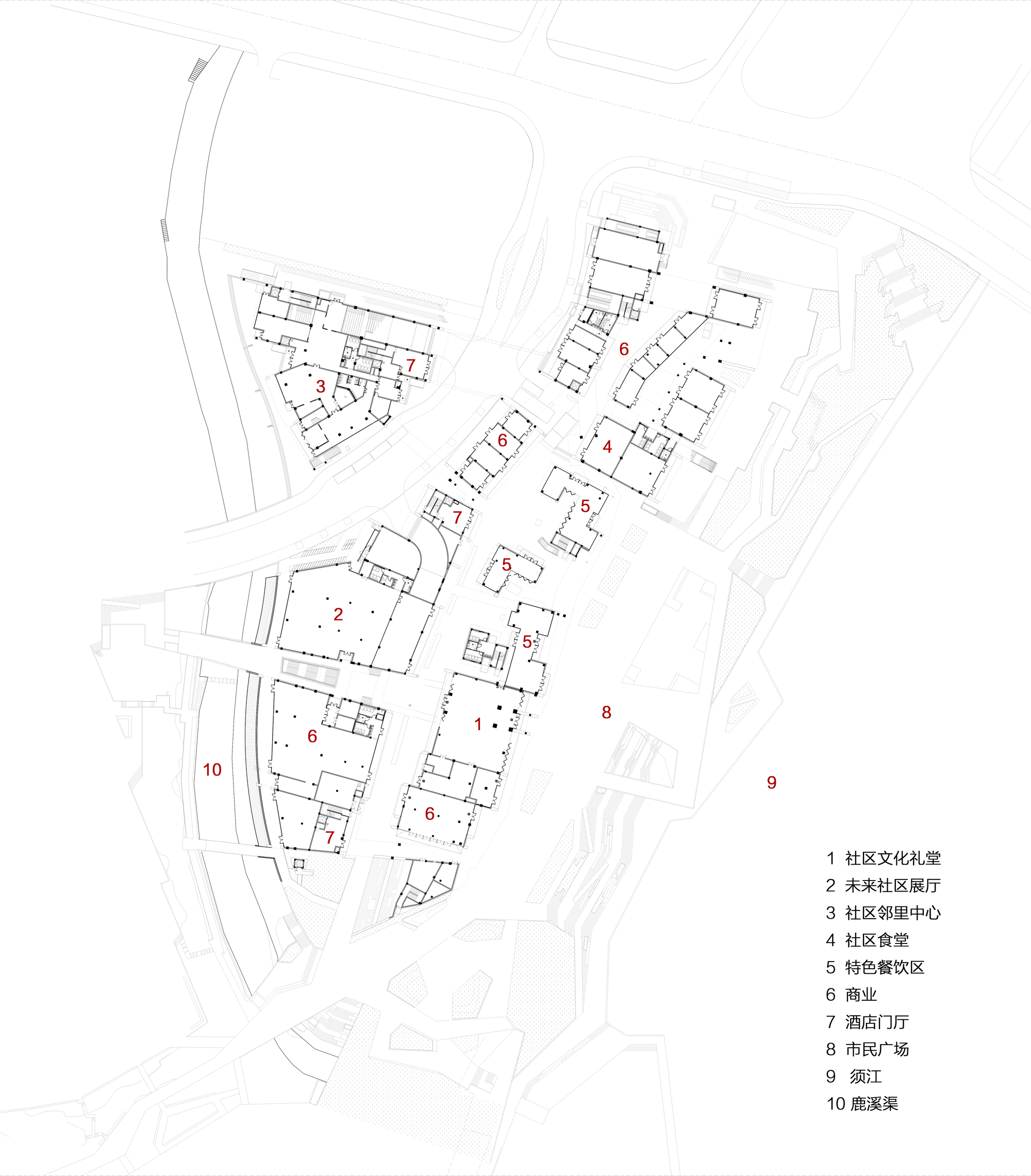 Site plan drawing showing numbered building clusters along a sloping terrain with adjacent waterway