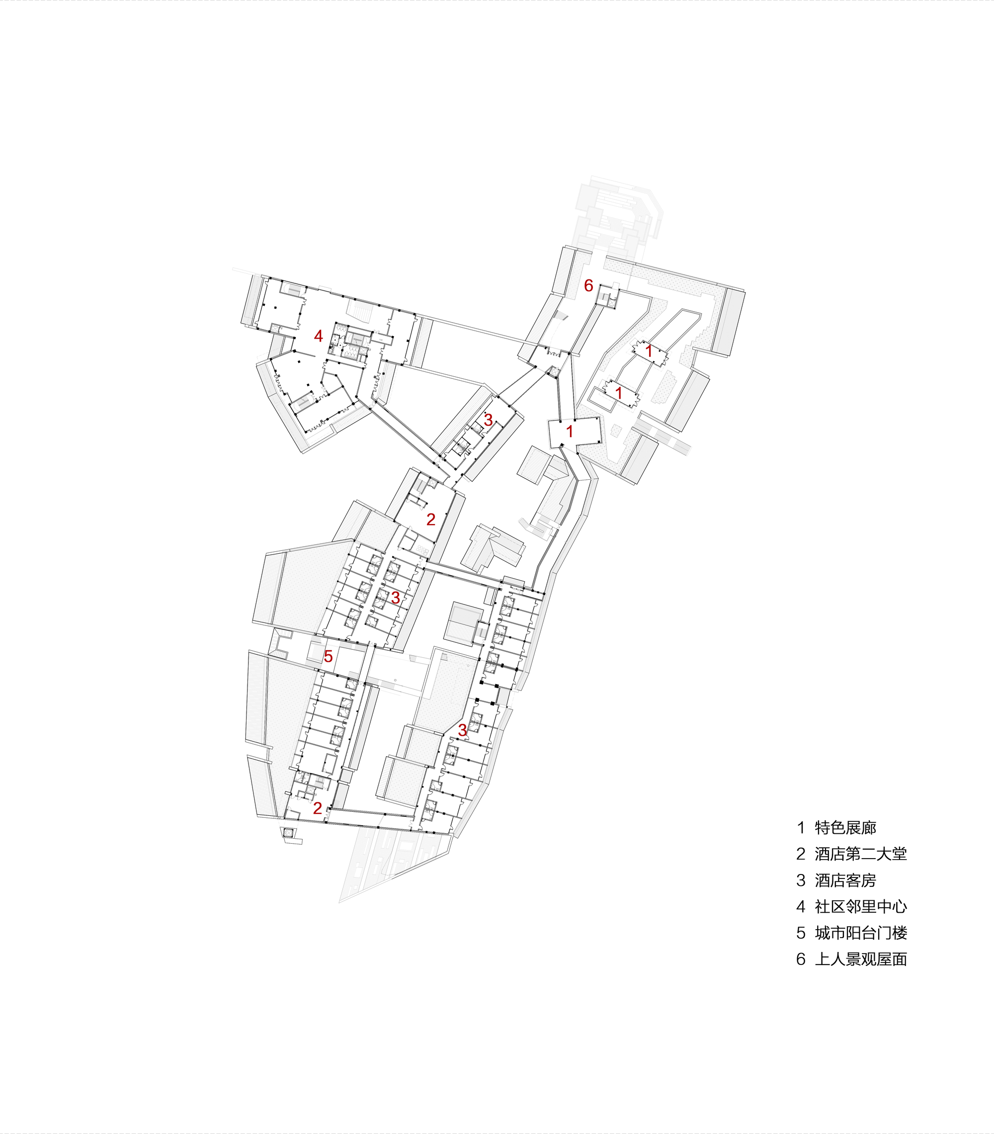 Floor plan drawing depicting interconnected residential blocks arranged along a central pedestrian spine