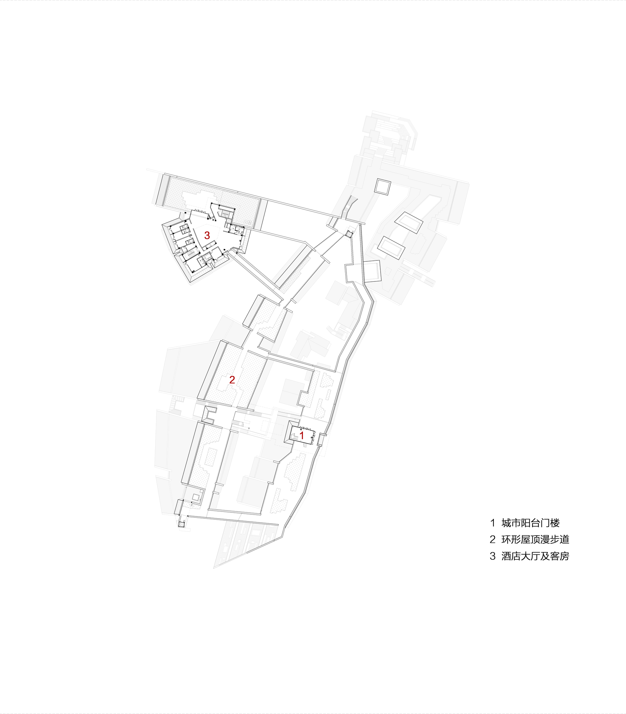 Level plan drawing showing three numbered zones with varying spatial configurations and room divisions