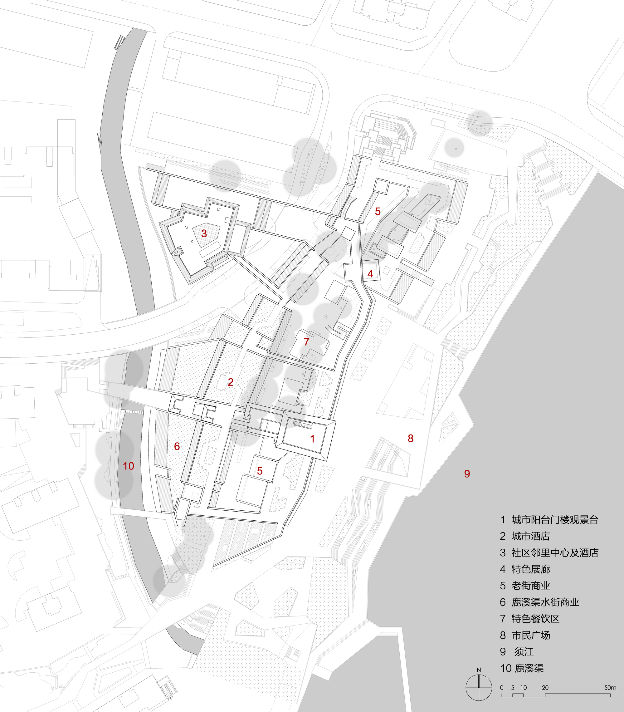 Site plan drawing with numbered buildings, existing trees indicated in grey, and adjacent river edge