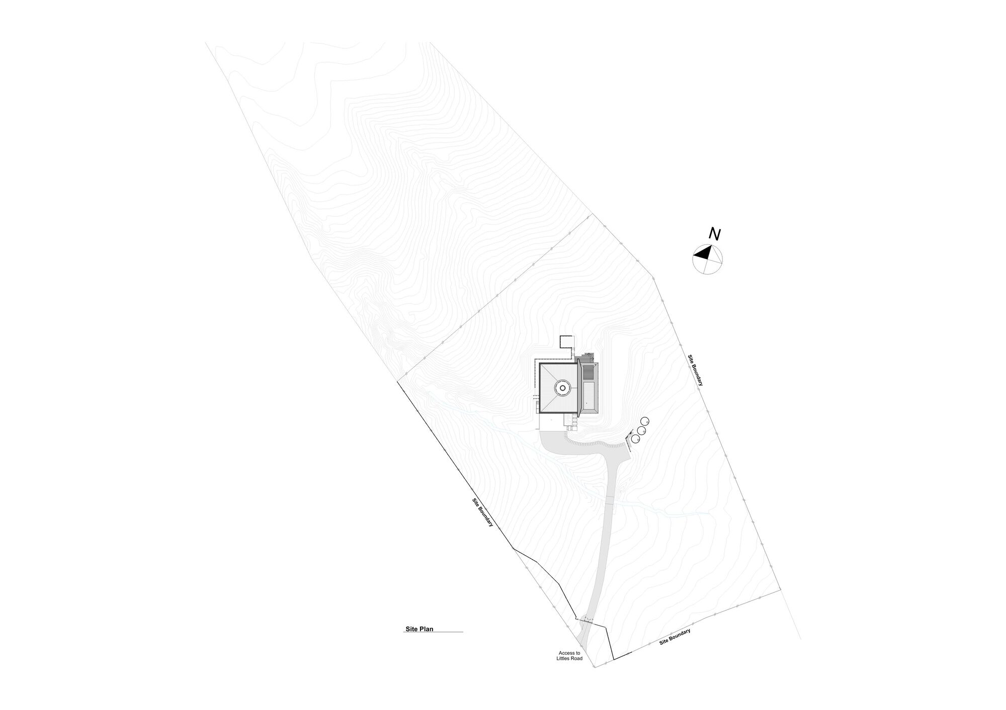 Site plan drawing showing building footprint with curved approach path and contour lines on sloping terrain